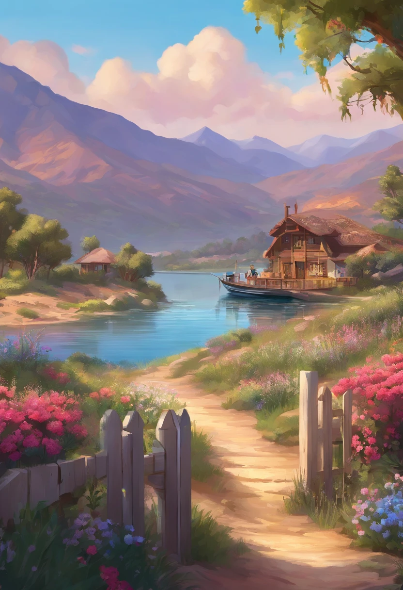 painting of a cottage, flowers beside of fence, fence along the road, mountain landscape with a lake and a boat, illustration matte painting, inspired by Thomas Kinkade, symmetric matte painting, detailed scenery , style raw, 8 k ultra detailed, environment design illustration, scenery art detailed, Seaside view, concept-art, 4k highly detailed digital art, 4 k digital painting, 4k digital painting, stunning digital illustration, Desert background, digital painting concept art, Detailed digital painting