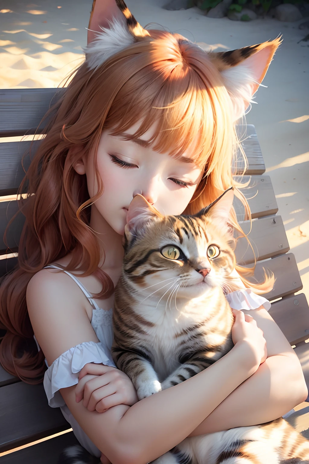 cute cat, realistic, high quality, masterpiece, HD ,cute face, soft shadows, natural lighting,sleep on bench,sunny,beach,multicolored hair,