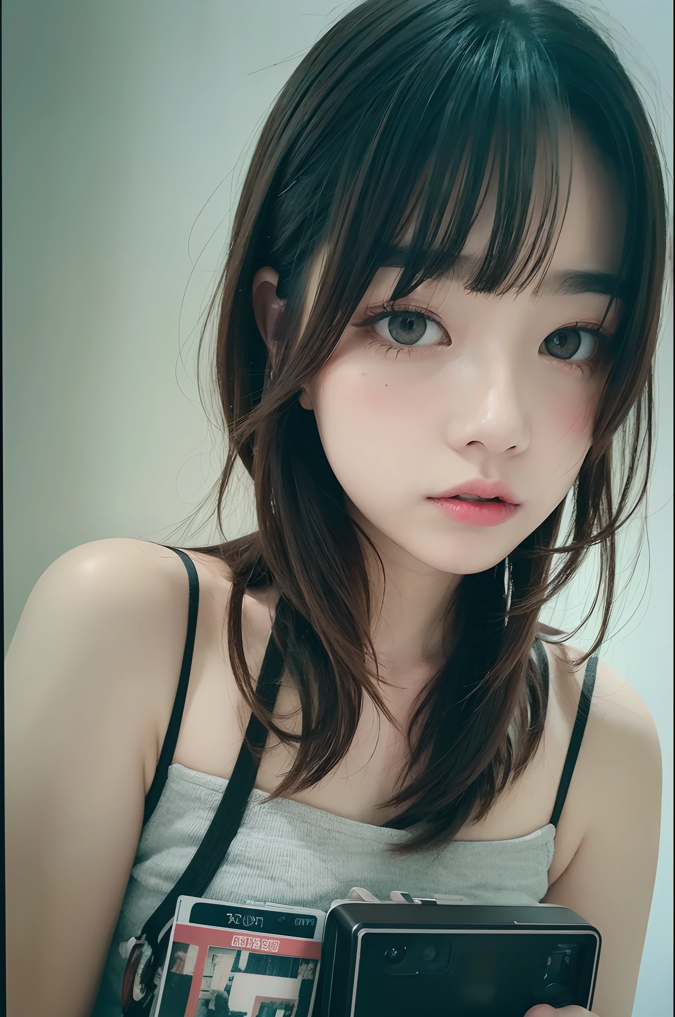 Japan Girl,beautiful girlfriend,a beauty,Raw foto,8K,morning sun lighting,Gray T-shirt and jeans miniskirt,Smooth long hair,A dark-haired,A detailed face,Detailed skin,Detailed eyes,(Slim body:1.3),petite girl in,About 23 years old,