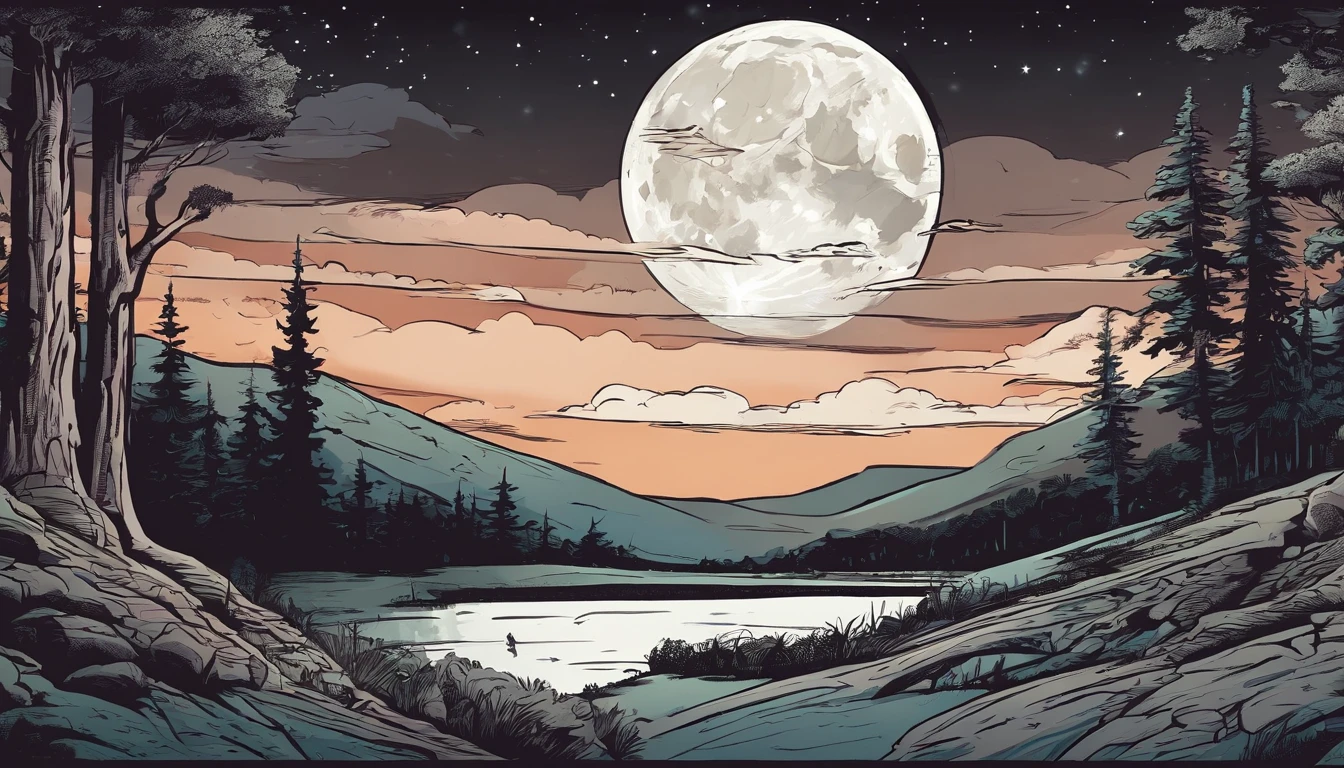 Night forest panels with full moon with mountaindark,comic panels creepy tress around,dark night,dark sky,comic panels