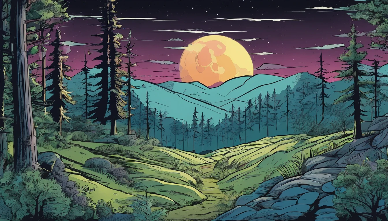 Night forest panels with full moon with mountaindark,comic panels creepy tress around,dark night,dark sky,comic panels