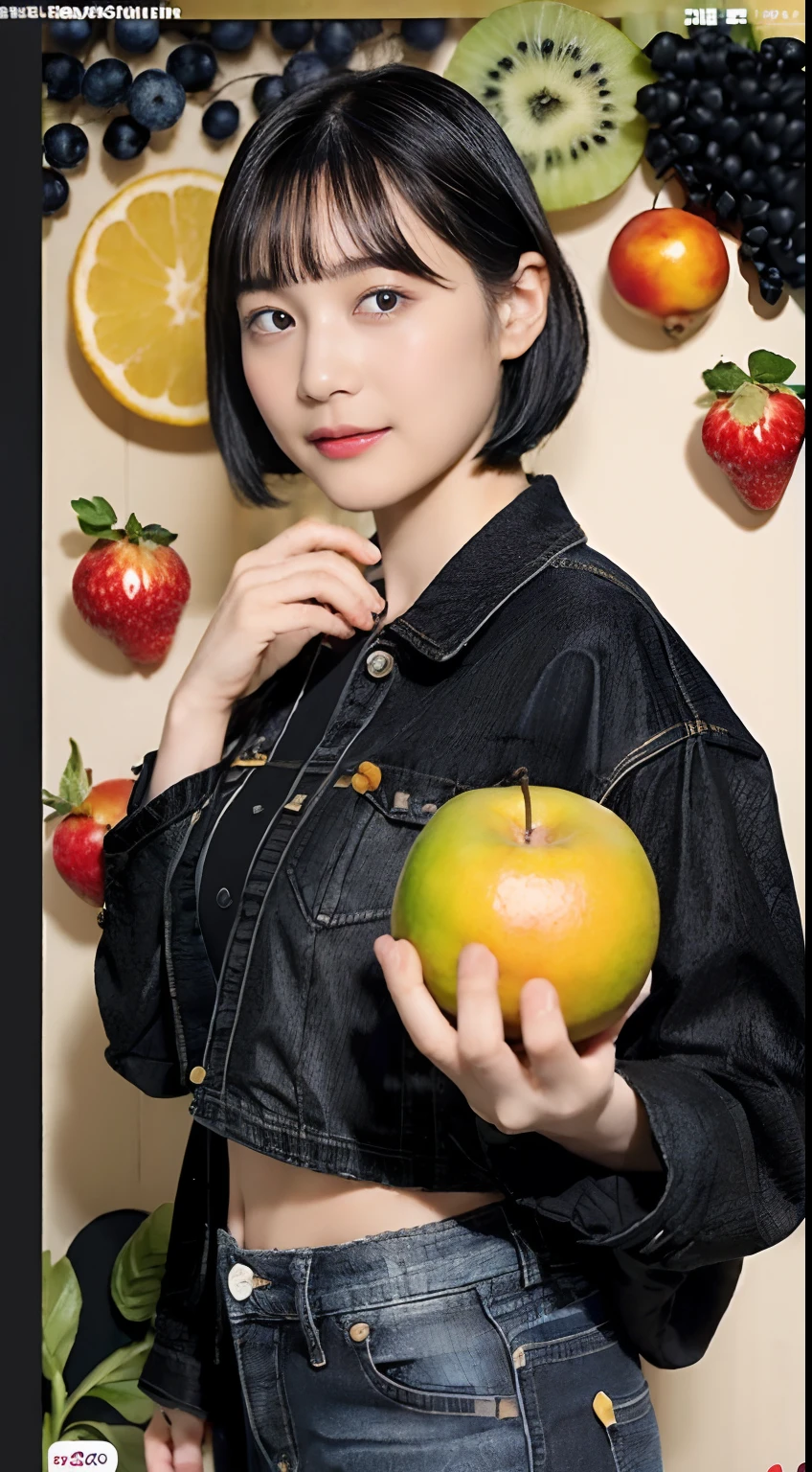 (Black Shorthair:1.3),  (a 20 yo woman), (A hyper-realistic), (Masterpiece), (8KUHD), Looking at the camera, jeans, (Clothes with fruit pattern:1.3), large full breasts, (living dining)