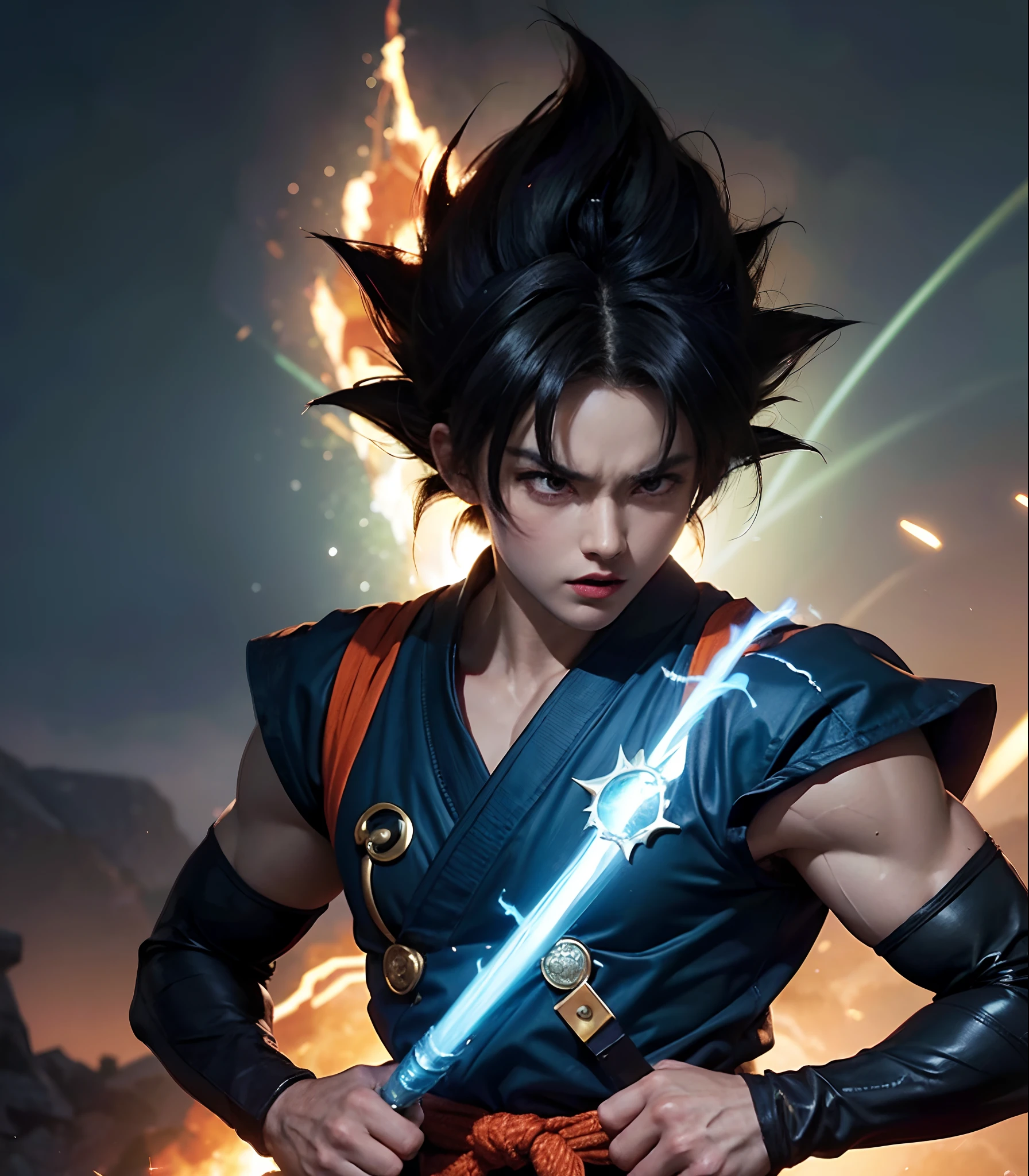 (best quality,4k,8k,highres,masterpiece:1.2),ultra-detailed,realistic,portrait,anime,Dragon Ball,Z-Fighters,Son Goku,fighting stance,black spiky hair,bold and determined eyes,powerful aura,saiyan warrior,flying movement,action pose,blue gi,orange martial arts uniform,long tail,super saiyan transformation,kamehameha energy attack,battle scene,explosions,charged atmosphere,vivid colors,strong lighting effects