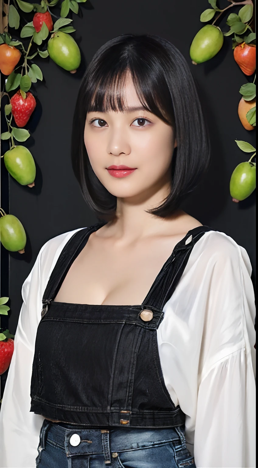 (Black Shorthair:1.3),  (a 20 yo woman), (A hyper-realistic), (Masterpiece), (8KUHD), Looking at the camera, jeans, (Clothes with fruit pattern:1.3), large full breasts, (living dining)