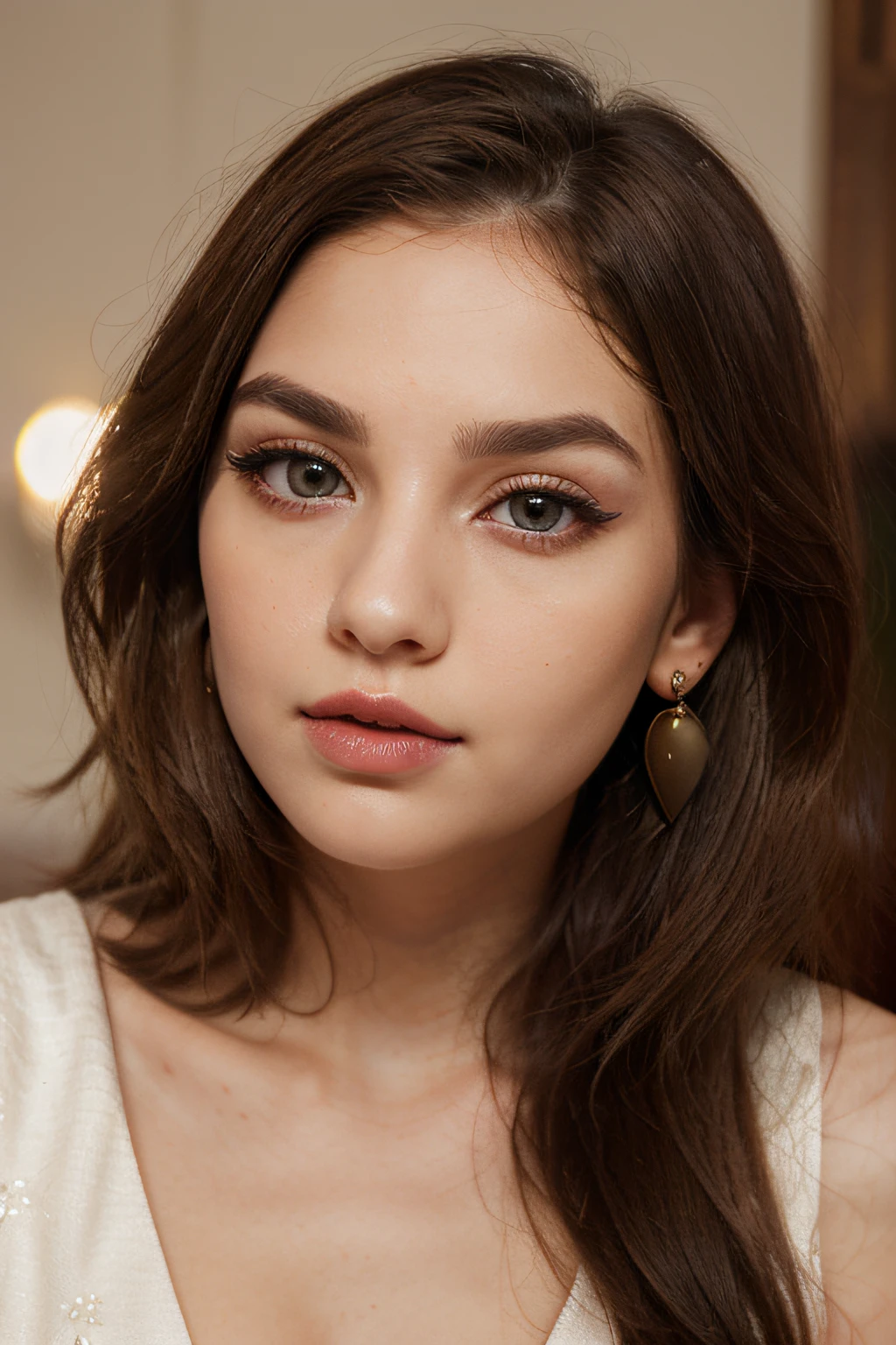 sexy seductive expression in face, full detailed background of an beautiful empire, a stern looking queen wearing royal garments sitting on an iron throne, beautiful lighting, detailed, royal jewelry of a queen, having makeup and lipstick, ((cute girl, with oval face and symmetrical face structure, big eyes, Hazal eye color, almond shape eyes, straight and balanced nose, soft wavy (brown hair) ,heart-shaped lips, perfect eyebrows, perfect ear, pale skin, amazing traditional clothes of ribtish empire