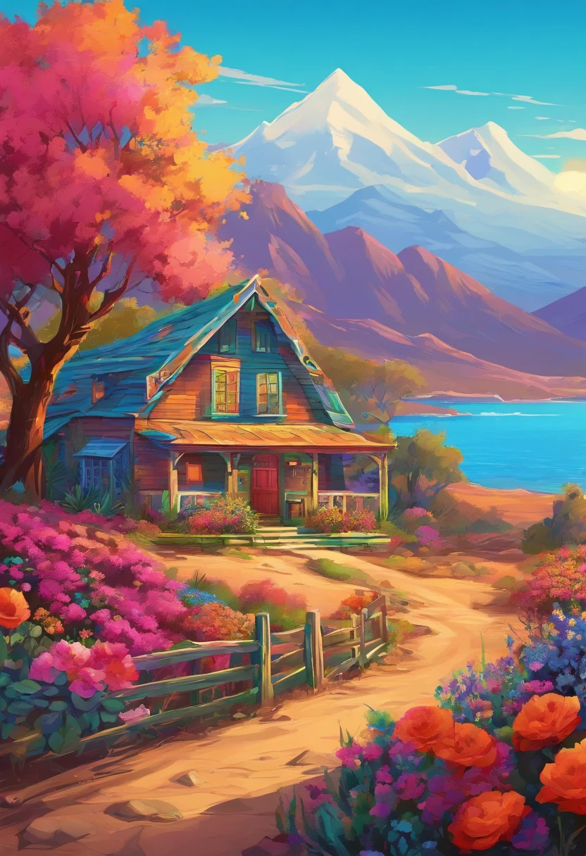 painting of a cottage, flowers beside of fence, fence along the road, mountain landscape with a lake and a boat, illustration matte painting, inspired by Thomas Kinkade, symmetric matte painting, detailed scenery , style raw, 8 k ultra detailed, environment design illustration, scenery art detailed, Seaside view, concept-art, 4k highly detailed digital art, 4 k digital painting, 4k digital painting, stunning digital illustration, Desert background, digital painting concept art, Detailed digital painting