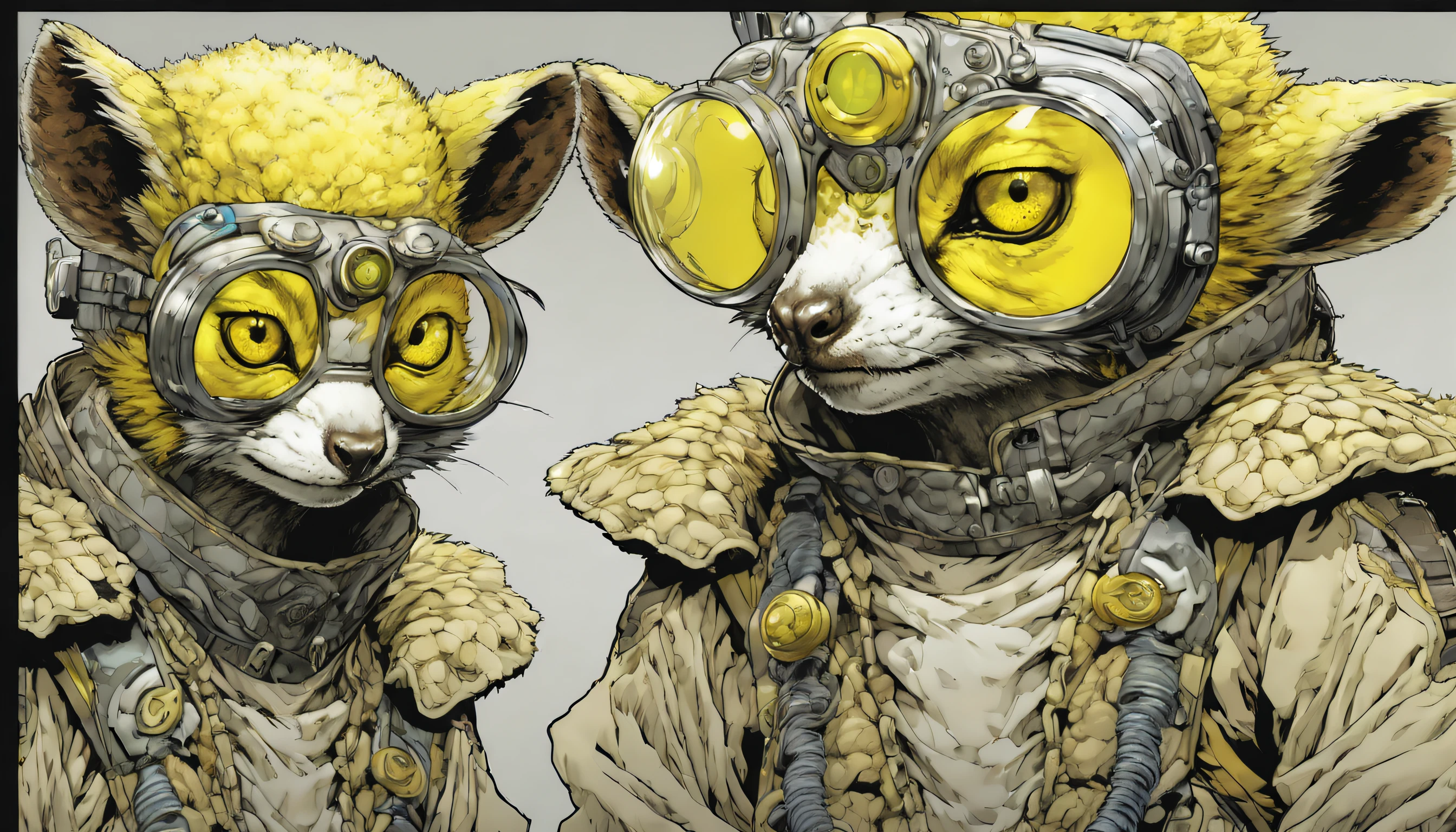 comics LEMUr, by Katsuya Terada, HD, manga, toon avatar,LEMUR, Katsuya Terada STYLE, POKEMON STYLE, LEMUR, YELLOW EYE, SNAKE skin ARMOR, SCALEs,LEMUR, YELLOW EYES, muppet, simple, stialized, chubby, , manga, contrast, poce, full body, dynamic poce, miletary gear, goggles, hood, by Katsuya Terada, clean, compact, simple