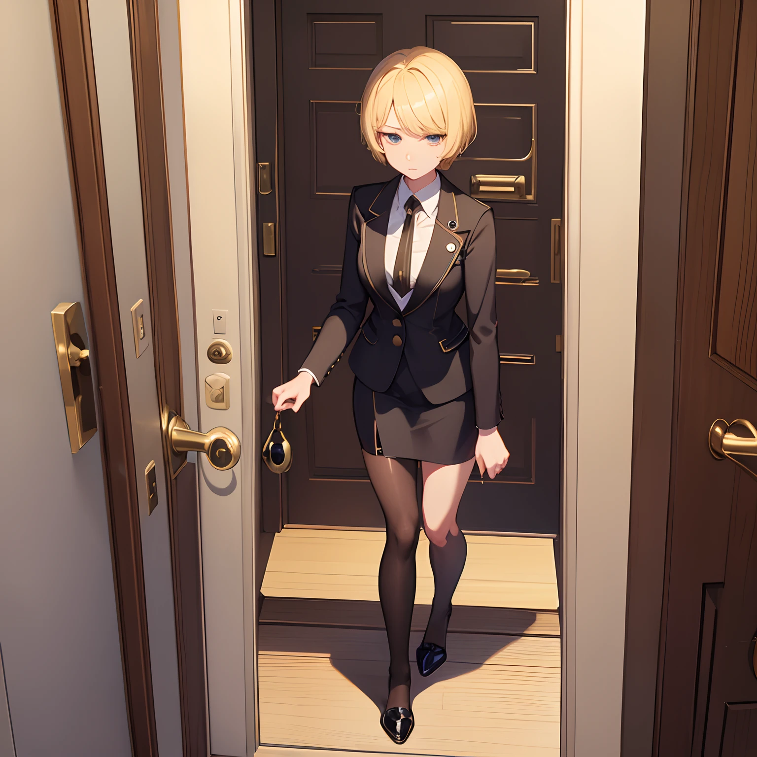 1girll，(short blonde hair:1.6)，Business suit，Skirt that wraps hips，black short socks，Mature and beautiful and sexy，Rich and noble families，In the corridor of the villa，(Knocking on the door:2)，facing away from the audience，seductive, Ultra-detailed CG，Exquisite facial features，Clear facial expressions，Detailed digital anime art，Digital anime art，High quality anime art style