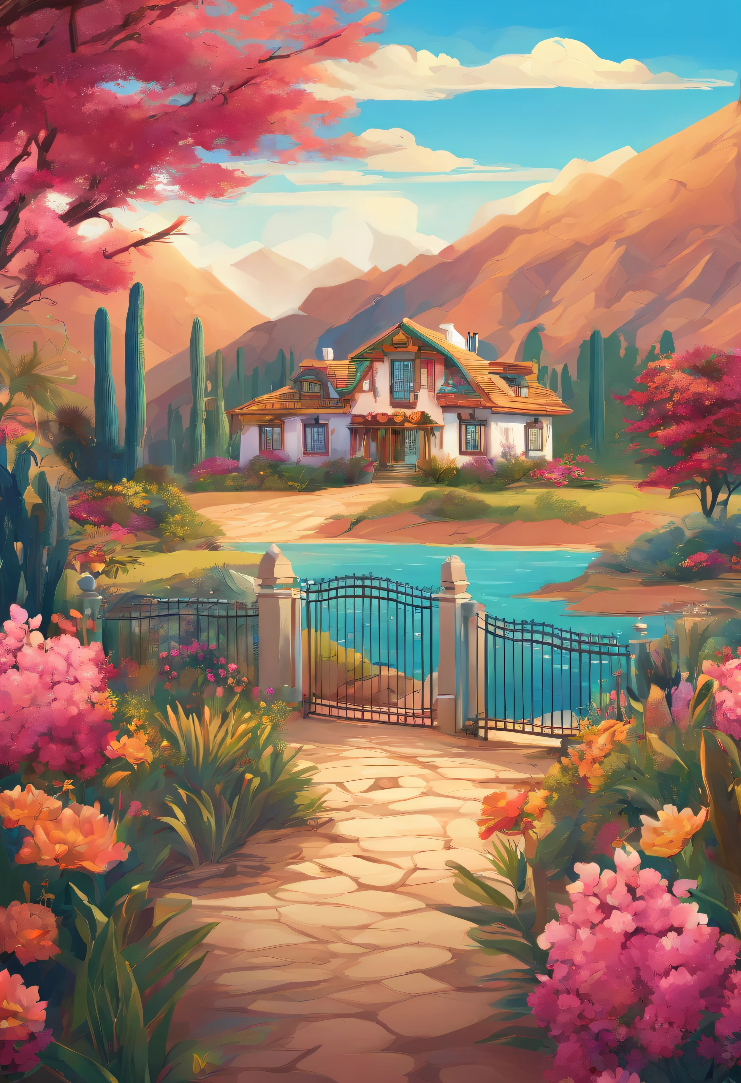 painting of a cottage, flowers beside of fence, fence along the road, mountain landscape with a lake and a boat, illustration matte painting, inspired by Thomas Kinkade, symmetric matte painting, detailed scenery , style raw, 8 k ultra detailed, environment design illustration, scenery art detailed, Seaside view, concept-art, 4k highly detailed digital art, 4 k digital painting, 4k digital painting, stunning digital illustration, Desert background, digital painting concept art, Detailed digital painting