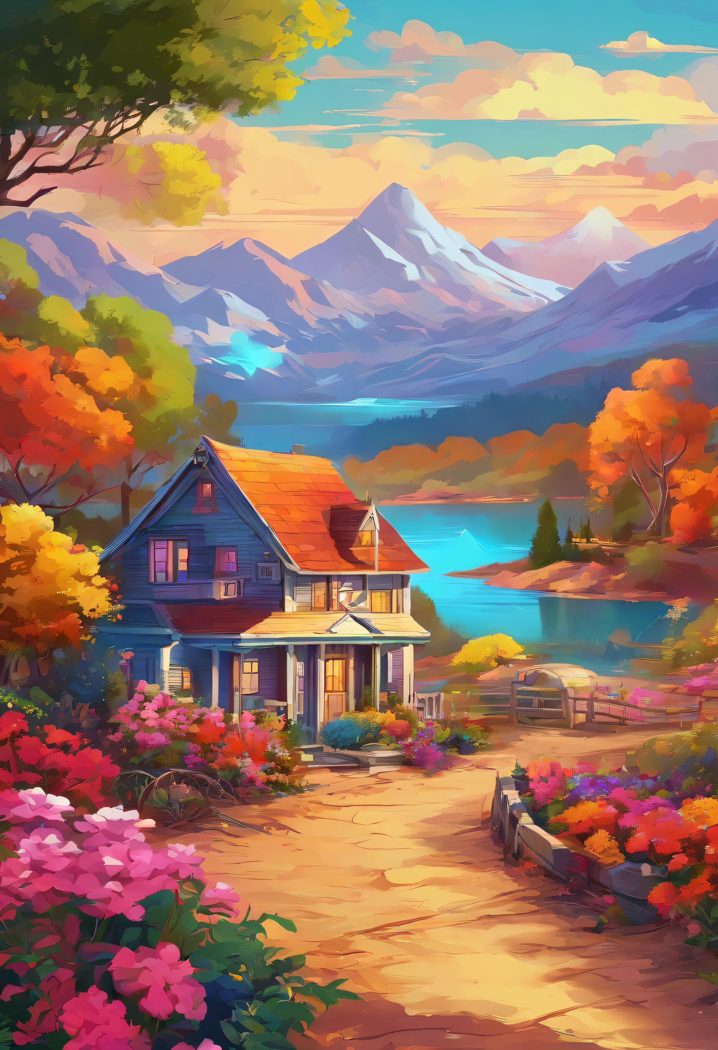 painting of a cottage, flowers beside of fence, fence along the road, mountain landscape with a lake and a boat, illustration matte painting, inspired by Thomas Kinkade, symmetric matte painting, detailed scenery , style raw, 8 k ultra detailed, environment design illustration, scenery art detailed, Seaside view, concept-art, 4k highly detailed digital art, 4 k digital painting, 4k digital painting, stunning digital illustration, Desert background, digital painting concept art, Detailed digital painting