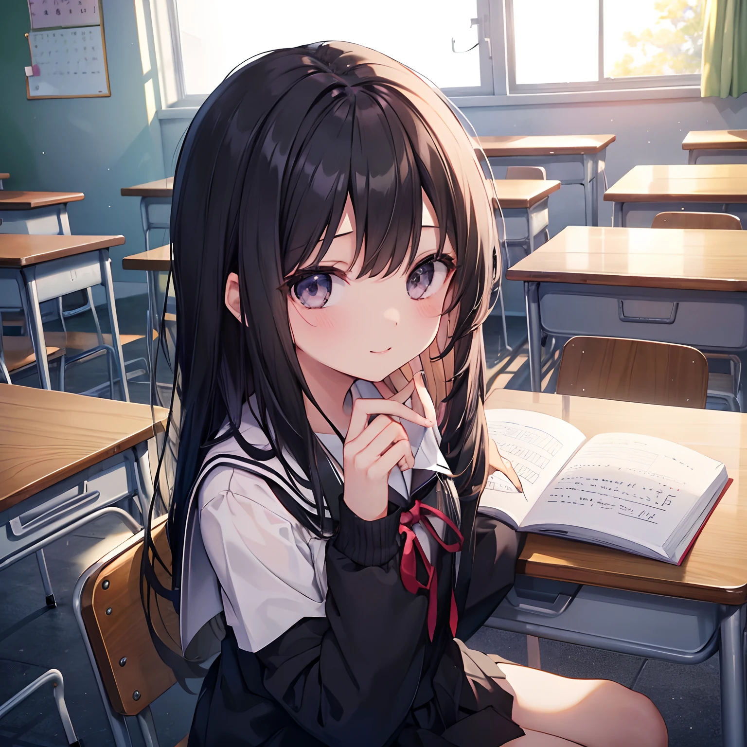 1girl in、A dark-haired、Black eyes、length hair、校服、school、Classroom、classmate、ami、ssmile、laught、Daytime、suns、chalk board、desk work、talk、