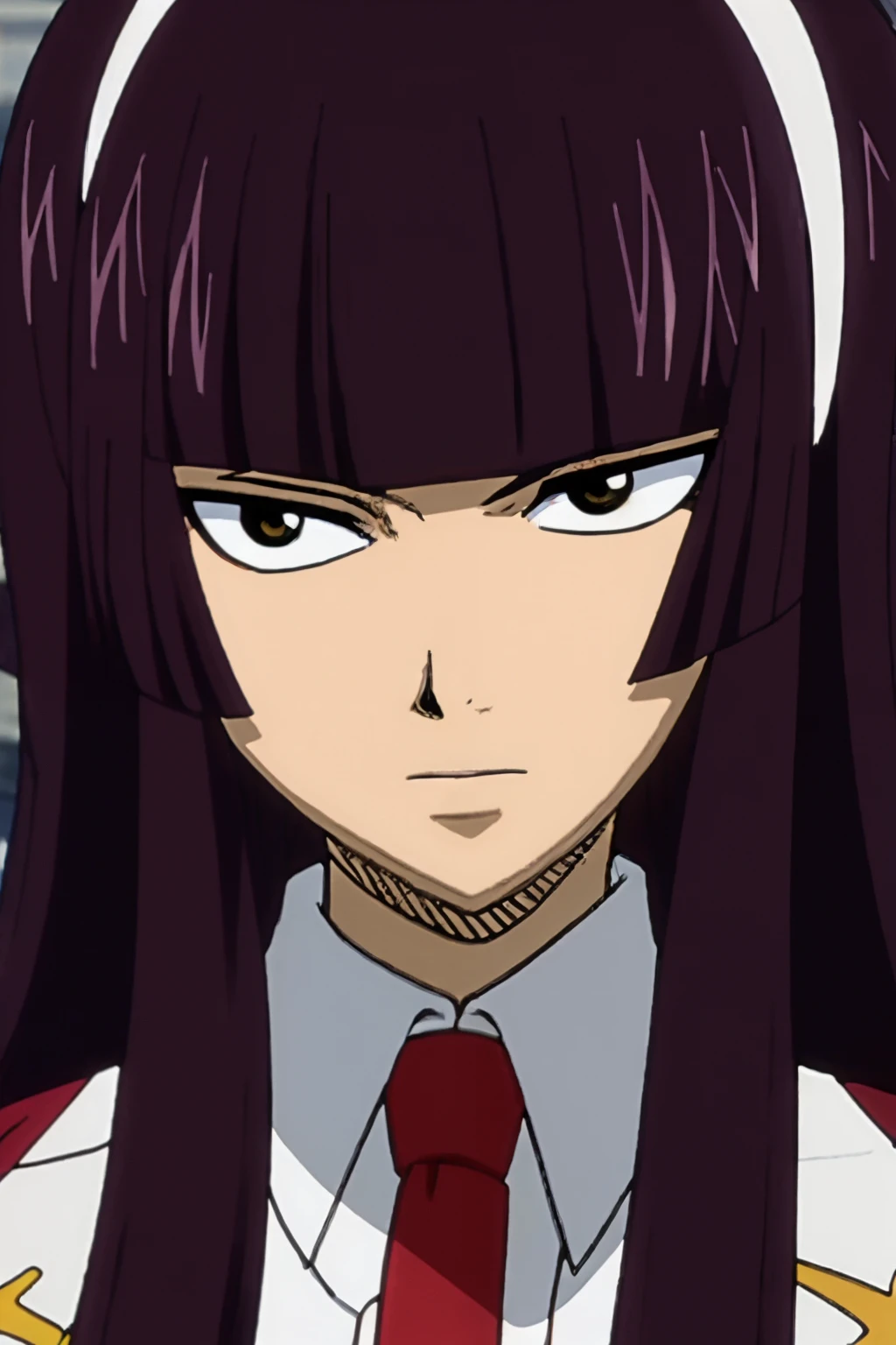 kagura, fairy tail, anime art style, 1girl, solo, long_hair, looking_at_viewer, bangs, brown_eyes, closed_mouth, school_uniform, purple_hair, hairband, necktie, collared_shirt, blunt_bangs, red_necktie, portrait, close-up, tsurime, serious, white_hairband, hime_cut