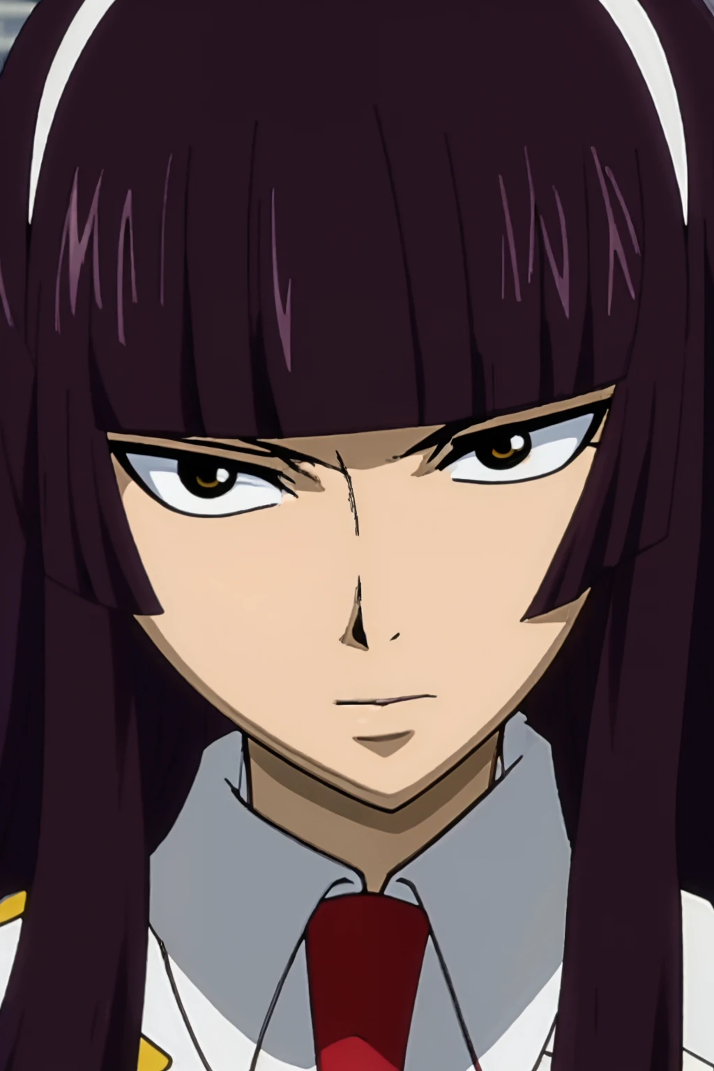 kagura, fairy tail, anime art style, 1girl, solo, long_hair, looking_at_viewer, bangs, brown_eyes, closed_mouth, school_uniform, purple_hair, hairband, necktie, collared_shirt, blunt_bangs, red_necktie, portrait, close-up, tsurime, serious, white_hairband, hime_cut