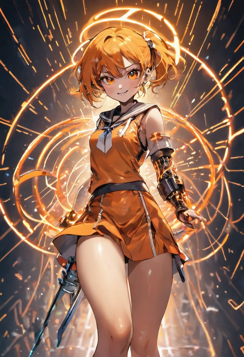 Cybernetic arm and glowing cyber girl,(J Women's Uniform,a sailor suit,White skirt,),Intense body movements,Add a motion blur effect to simulate motion,Stand on the streets of a desolate battlefield.Surrounded by a network of wires. Surrounded by a net of orange LED circuits. (Cyber Girl with Orange Glowing Sword:1.3), Shiny Silver Shorthair,disheveled ponytail,,Cute smile,Perfect round face,Black eyes,A cheerful smile that makes the viewer happy,Proper body proportion,Intricate details,Very delicate and beautiful hair,photos realistic,Dreamy,Professional Lighting,realistic shadow,Solo Focus,Beautiful hands,Beautiful fingers,Detailed finger features,detailed clothes features,Detailed hair features,detailed facial features,(masutepiece,top-quality,Ultra-high resolution output image,) ,(The 8k quality,),(Image Mode Ultra HD,),