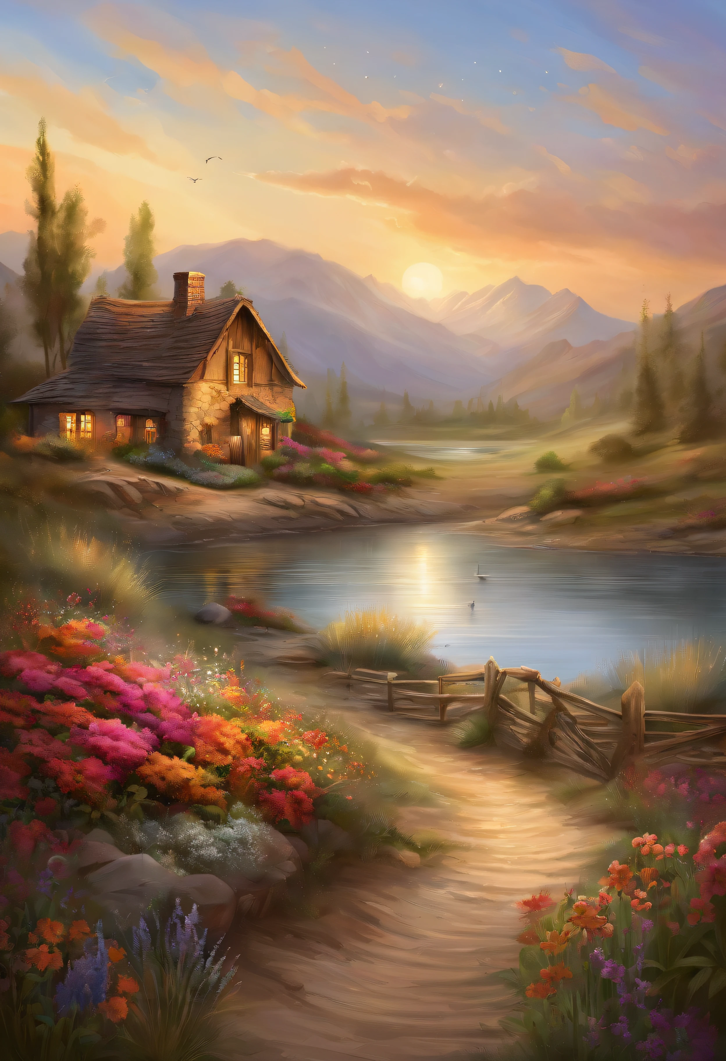 painting of a cottage, flowers beside of fence, fence along the road, mountain landscape with a lake and a boat, illustration matte painting, inspired by Thomas Kinkade, symmetric matte painting, detailed scenery , style raw, 8 k ultra detailed, environment design illustration, scenery art detailed, Seaside view, concept-art, 4k highly detailed digital art, 4 k digital painting, 4k digital painting, stunning digital illustration, Desert background, digital painting concept art, Detailed digital painting