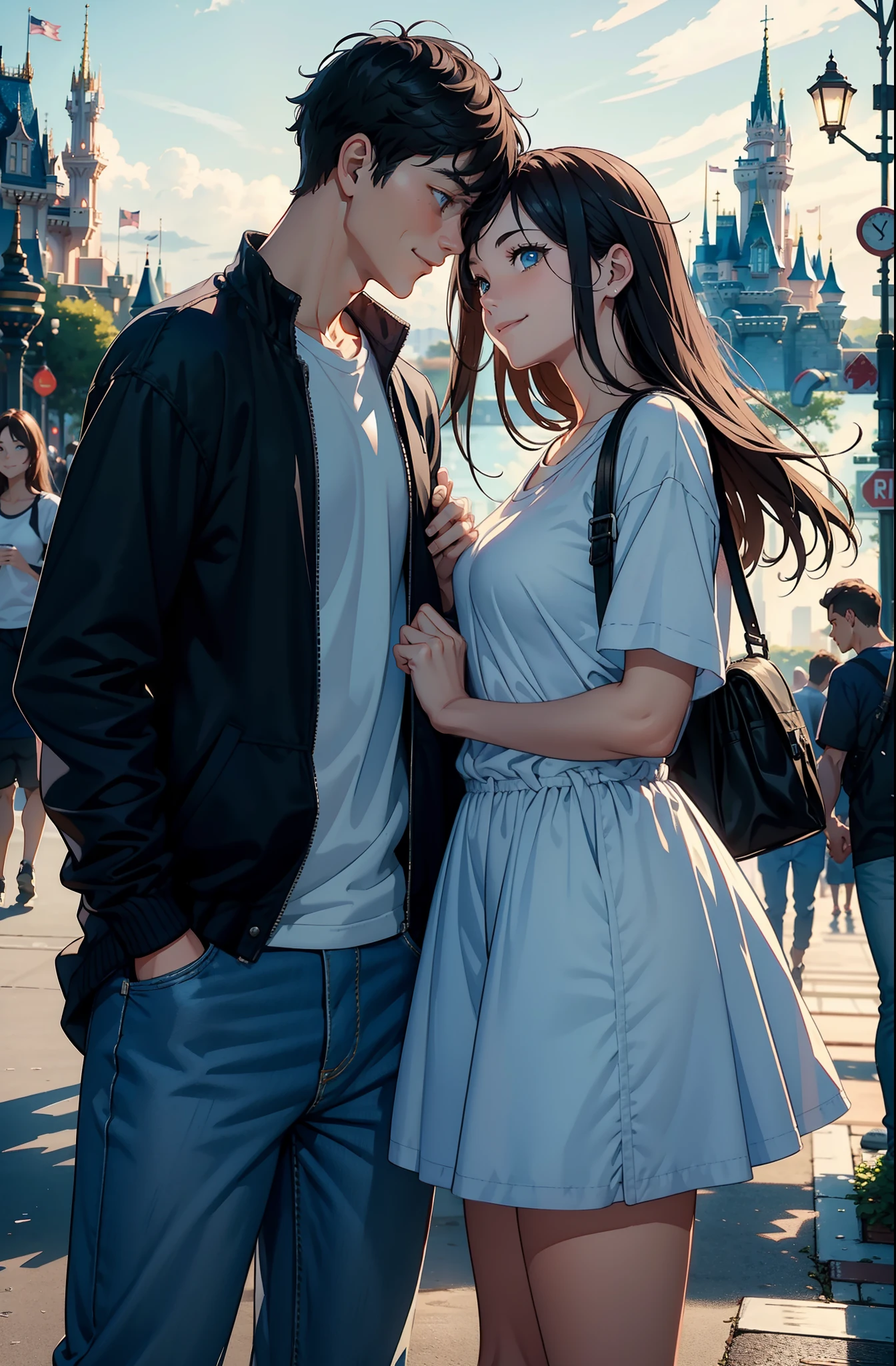 top-quality　​masterpiece　Male and female couples　Disney land　Rough plain clothes　Smile face to face　A dark-haired　Blue eyes