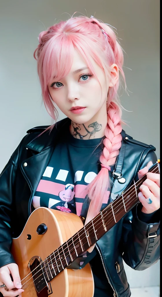 (masutepiece), (Portrait), (Aesthetic), (cute little), (upper blody), (High quality), (aesthetic clothings), (professional angle), (thirds rule), (Feminine), (Woman), , (Beautiful),(Feminine features), (18year old:1.4), Solo, 1 woman, (Charming punk girl), Blue eyes,Full body,faces、(A smile:1.5),(facing front:1.2),Dramatic light, ((Playing guitar)), Edgy makeup, (Small bust), ((electric guitar)), (Front face), (Defiant expression), ((defiance)), (Leather jackets and tattoos), ((Short hair)), (dyed (E.G. and pinks) hair), (spiky hair), (Thick hair), Matte Shine Hair, (Hair bands scattered in the hair), (Bold and bold look), (pale skin), (Dark clothes), (Band T-shirt), (Ripped jeans), crew neckline), ((Urban alley background)), (up close shot), Beautiful hands, Two hands, normal hands, Two arms, complete hands, Beautiful body, Beautiful fingers, normal fingers, Five Fingers, Five Fingers, (Thumb index finger ring finger), Beautiful ears, normal ears, Beautiful eyes, shiny eyes, Beautiful mouth, Beautiful lips,Medium hair with pink hair, (Pink hair), Ear Hair, small tits, Single braid, (Single braid), (Side braid)