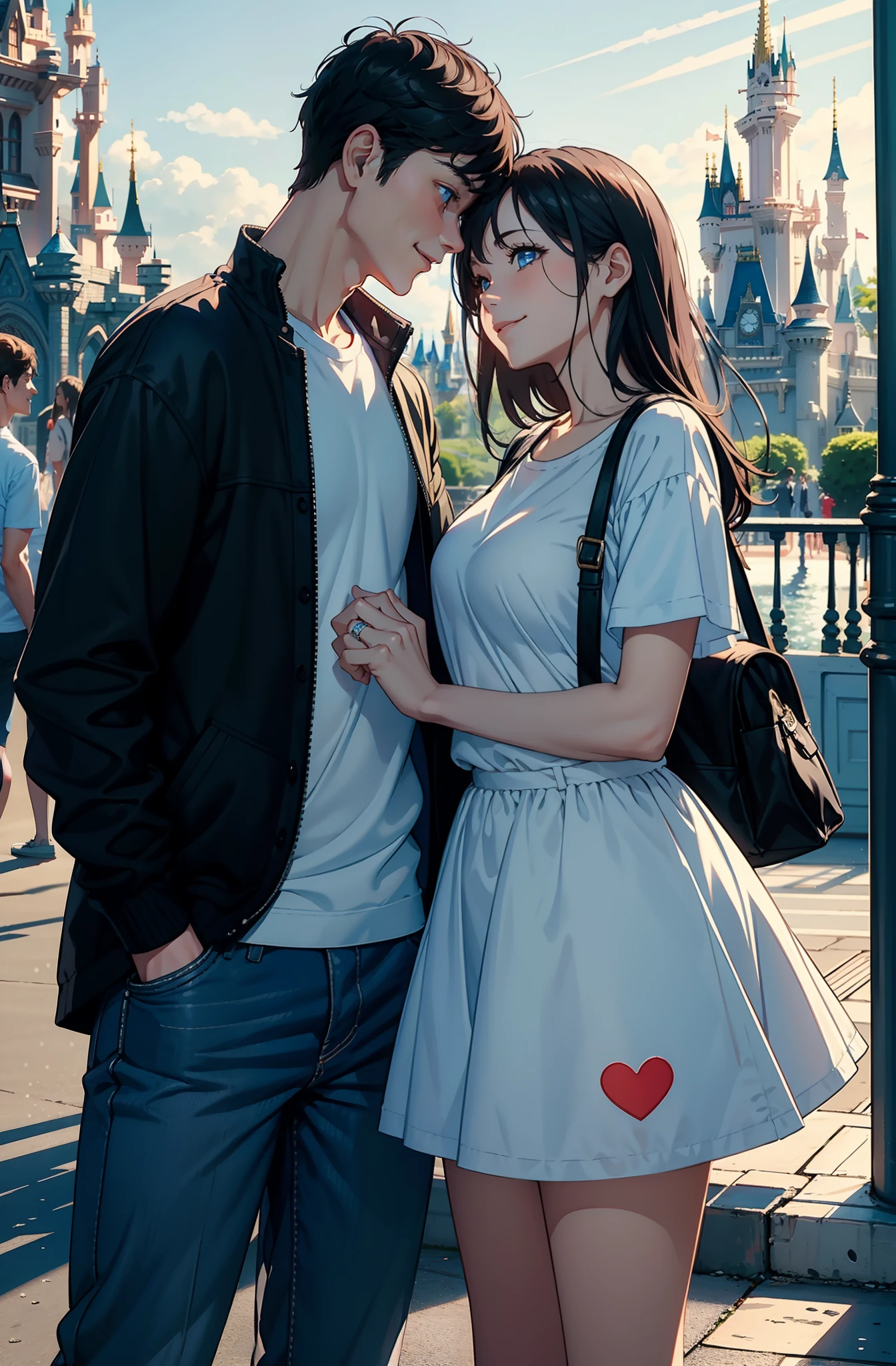 top-quality masterpiece Male and female couples Disney land Rough simple white plain clothes Smile face to face A dark-haired Blue eyes