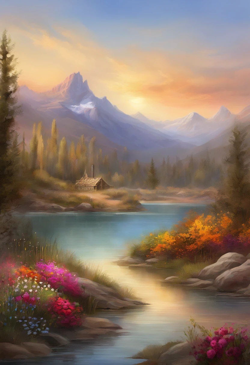 painting of Mountains and trees, pond, , flowers beside of fence, fence along the road, mountain landscape with a lake and a boat, illustration matte painting, inspired by Thomas Kinkade, symmetric matte painting, detailed scenery , style raw, 8 k ultra detailed, environment design illustration, scenery art detailed, Seaside view, concept-art, 4k highly detailed digital art, 4 k digital painting, 4k digital painting, stunning digital illustration, Desert background, digital painting concept art, Detailed digital painting