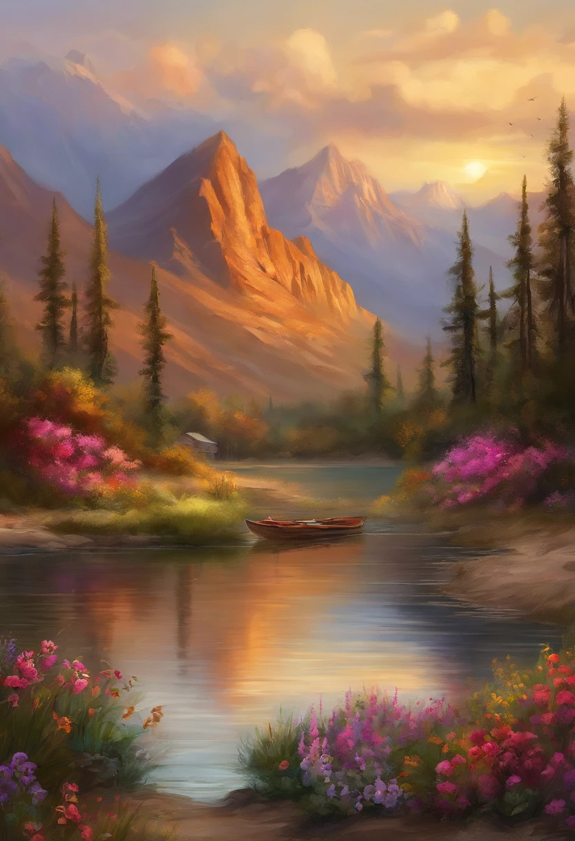 painting of Mountains and trees, pond, , flowers beside of fence, fence along the road, mountain landscape with a lake and a boat, illustration matte painting, inspired by Thomas Kinkade, symmetric matte painting, detailed scenery , style raw, 8 k ultra detailed, environment design illustration, scenery art detailed, Seaside view, concept-art, 4k highly detailed digital art, 4 k digital painting, 4k digital painting, stunning digital illustration, Desert background, digital painting concept art, Detailed digital painting