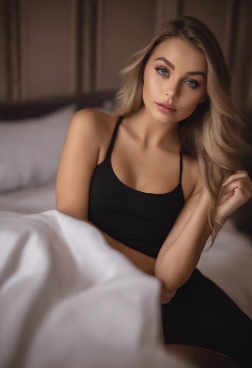 A woman in a matching T-shirt and panties, Sexy girl with blue eyes, portrait sophie mudd, Portrait of Corinna Kopf, blonde hair and large eyes, selfie of a young woman, Eyes at the Violet Myers Club, without Макияж, natural makeup, looking straight at camera, face with artgram, dezentes Make-up, Stunning full-length shot, in bedroom, cleavage