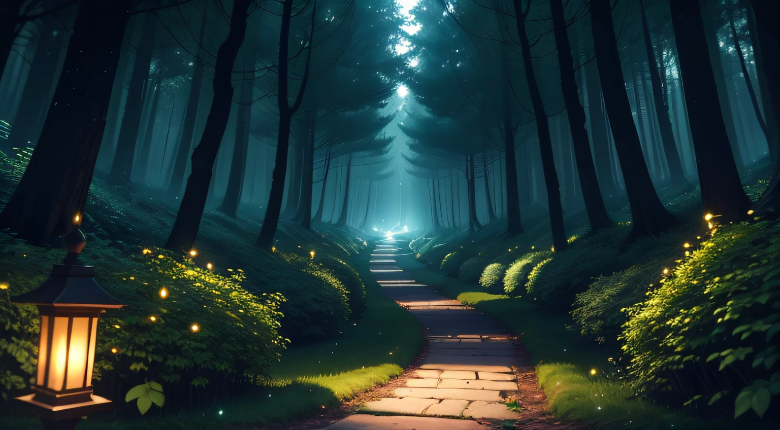 Deep in an enchanted forest, fireflies illuminate the path as they follow a mysterious figure. The trees have bioluminescent leaves, creating a surreal and dreamy atmosphere. The forest is alive with magic and whimsy, HD definition, 4k quality, best quality, anime