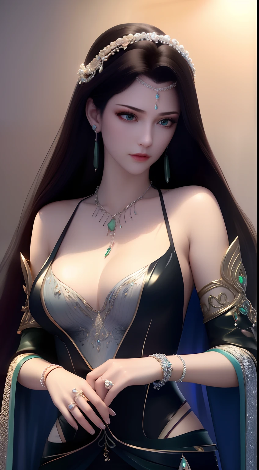 ultra realistic 8k cg, picture-perfect face, flawless, clean, masterpiece, professional artwork, famous artwork, cinematic lighting, cinematic bloom, perfect face, beautiful face, beautiful eyes, fantasy, dreamlike, unreal, science fiction,big breasts, beautiful clothes, absurdly long hair, very long hair, (rich:1.4), prestige, luxury, jewelry, diamond, gold, pearl, gem, sapphire, ruby, emerald, intricate detail, delicate pattern, charming, alluring, seductive, erotic, enchanting, hair ornament, necklace, earrings, bracelet, armlet, underbob,
((1girl, black dress, ))
