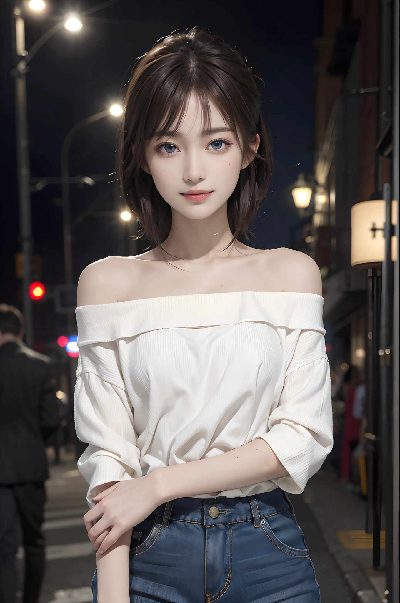 ((top-quality、​masterpiece:1.3))、((Russian beauties))、1 female:2.0、18year old、Colossal tits:1.3、Slender body type:1.1、Toned abs、Brown hair、short-cut、Detailed lips、detailedeyes、二重まぶた、blue eyess、wide Shots、(Raw photography、top-quality)、(realisitic、Photorealsitic:1.3)、top-quality、​masterpiece、extremely delicate and beautiful、extremely details CG、 absurderes、A smile、Erotic face、Street、Fours、Slouched、Nokezoru、Brown off-shoulder、Banzai、Strong smile、nighttime scene、Small underwear、to jump、model poses、Looking to the right