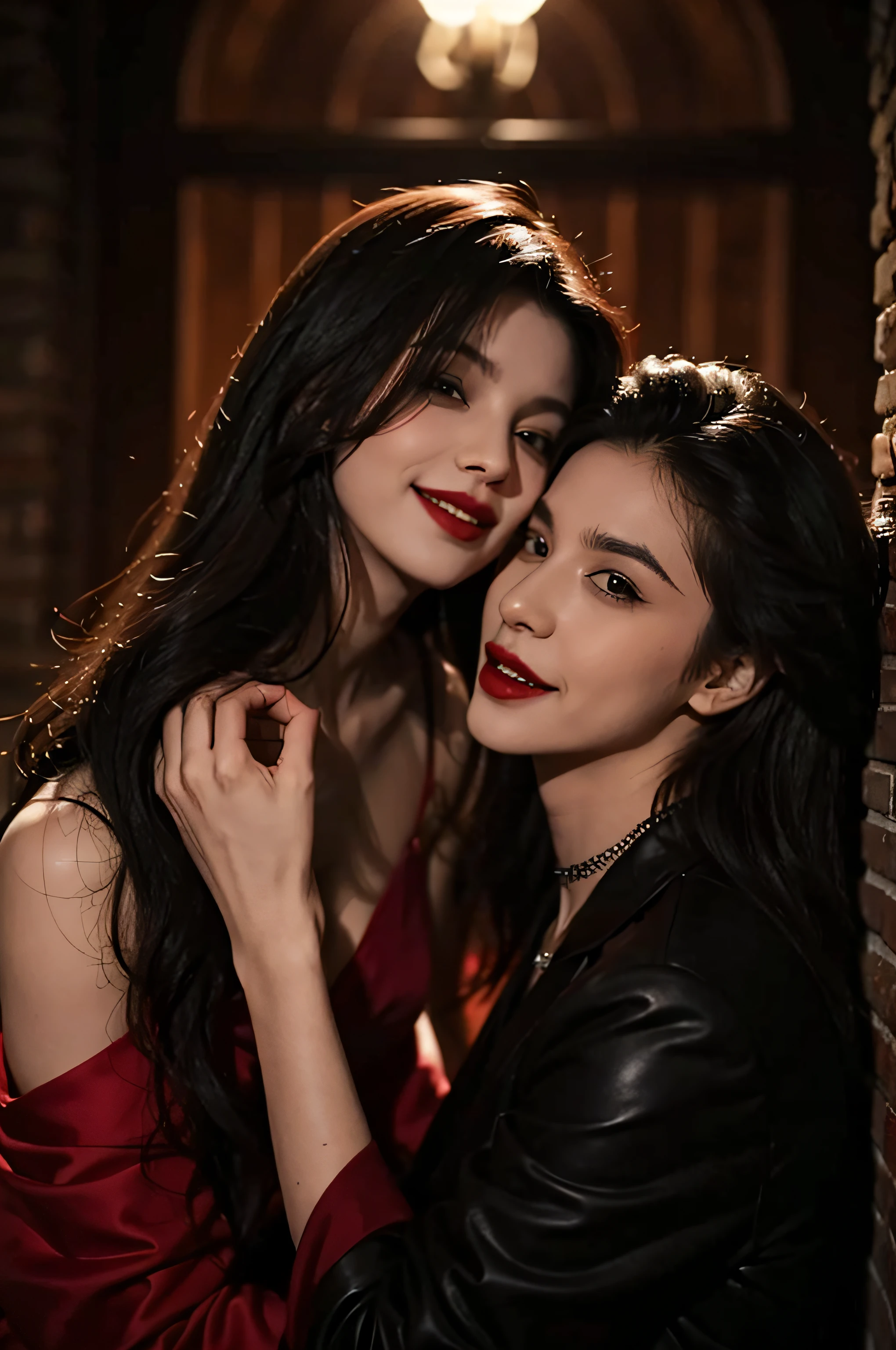 2 sexy vampires kissing, sangre en los labias, labios grandes, sonriendo, colmillos de vampiro,