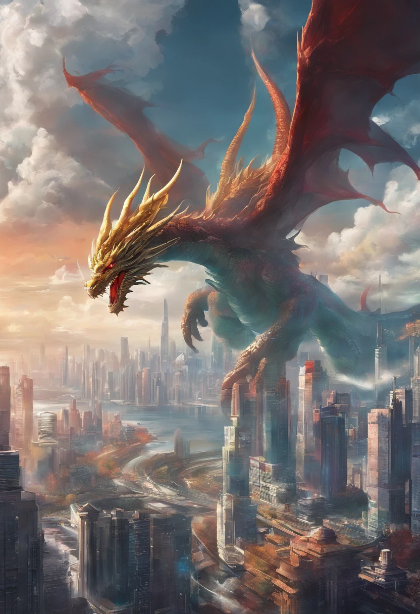 A dragon partially hidden in the clouds, with a modern metropolis below it. Medium: Chinese brush painting, [subtle ink wash]. Additional details: skyscrapers reaching towards the sky, intricate cityscape, bustling streets, bridge connecting the city, cars and buses on the roads. Image quality: (best quality, 8k), ultra-detailed, realistic. Art style: traditional Chinese, modern fusion. Color palette: vibrant, with hints of gold and red. Lighting: sunlight breaking through the clouds, casting dynamic shadows on the city.