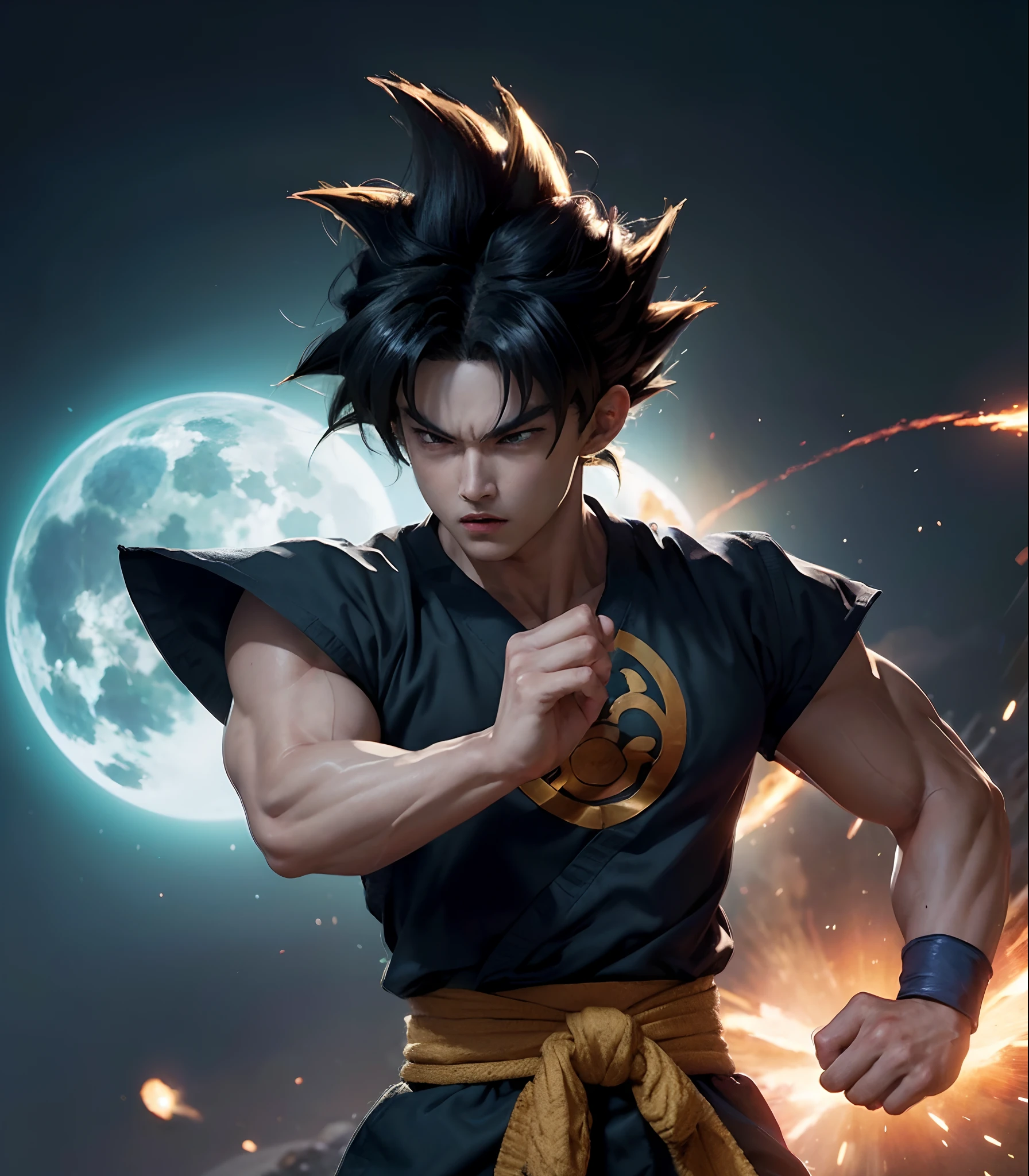 (best quality,4k,8k,highres,masterpiece:1.2),ultra-detailed,realistic,portrait,anime,Dragon Ball,Z-Fighters,Son Goku,fighting stance,black spiky hair,bold and determined eyes,powerful aura,saiyan warrior,flying movement,action pose,blue gi,orange martial arts uniform,long tail,super saiyan transformation,kamehameha energy attack,battle scene,explosions,charged atmosphere,vivid colors,strong lighting effects