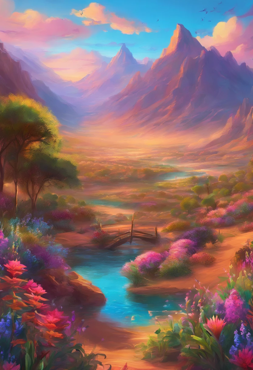 painting of Mountains and trees, pond, , flowers beside of fence, fence along the road, mountain landscape with a lake and a boat, illustration matte painting, inspired by Thomas Kinkade, symmetric matte painting, detailed scenery , style raw, 8 k ultra detailed, environment design illustration, scenery art detailed, Seaside view, concept-art, 4k highly detailed digital art, 4 k digital painting, 4k digital painting, stunning digital illustration, Desert background, digital painting concept art, Detailed digital painting