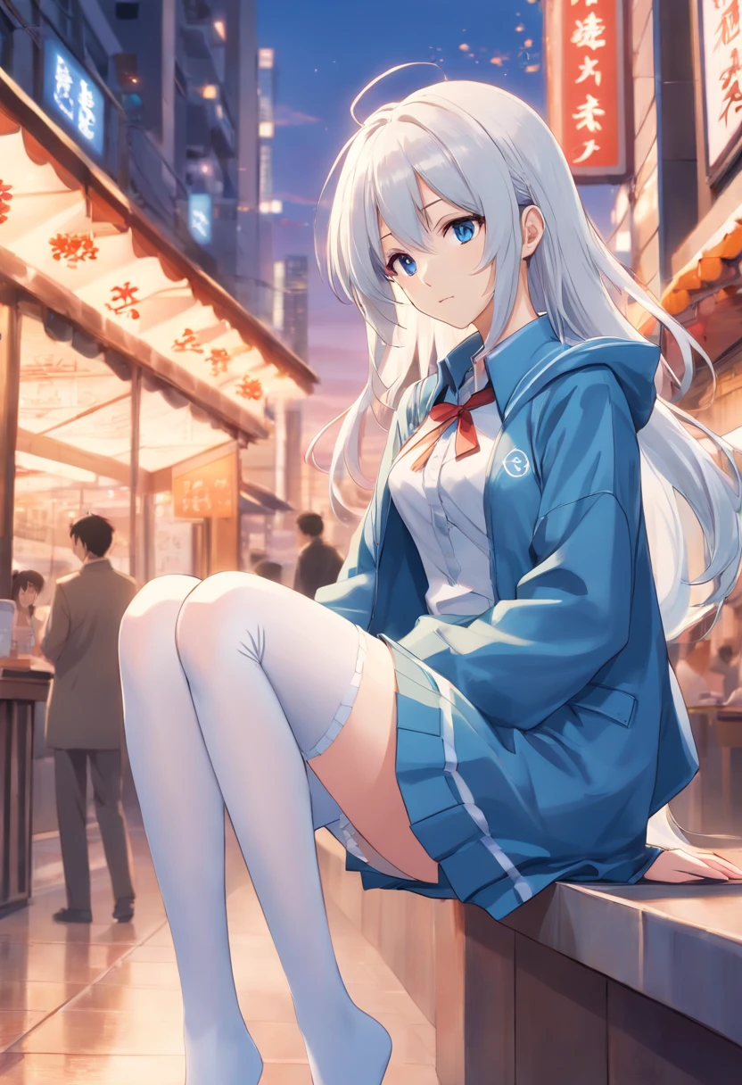 Anime shoujo with long white hair and white stockings,Silver-blue clothes,China-style,Tall and tall,444 Hz, Beautiful, Breathtaking, Highly detailed, 8K, Use, Affectionate, Ultra photo realsisim, scenery