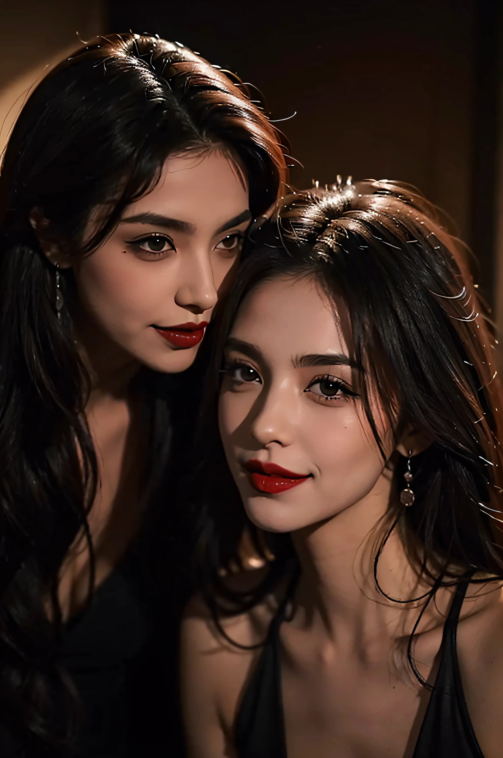 2 sexy vampires kissing, sangre en los labias, labios grandes, sonriendo, colmillos de vampiro,
