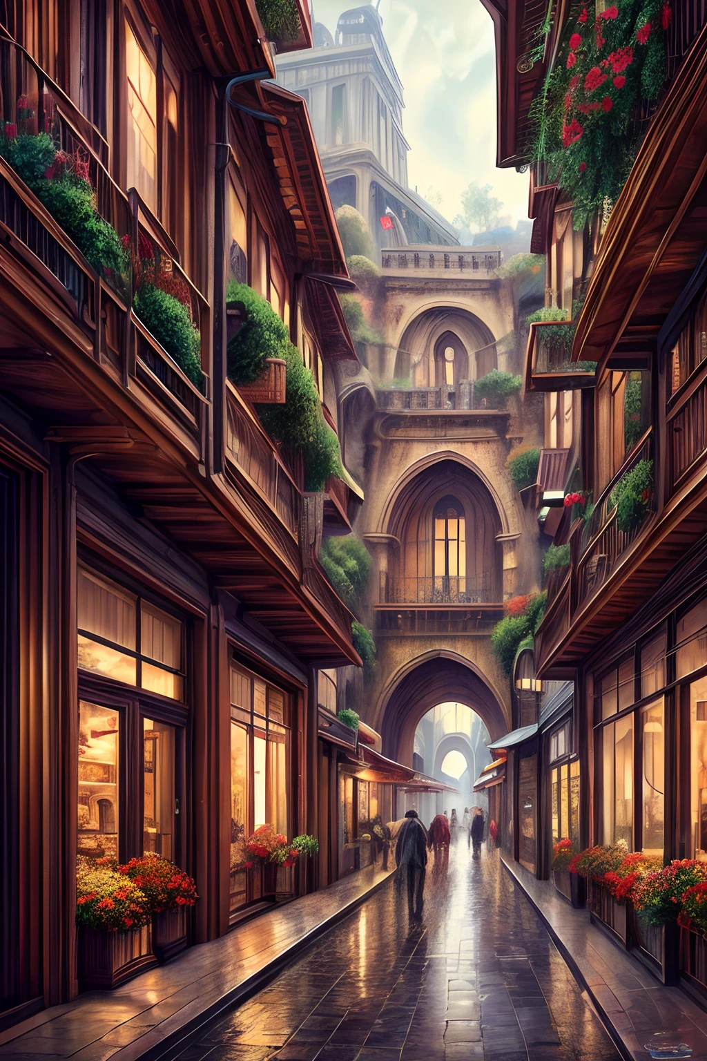 ((masterpiece)),((best quality)),((high detail)),((realistic,))
Industrial age city, deep canyons in the middle, architectural streets, bazaars, Bridges, rainy days, steampunk, European architecture