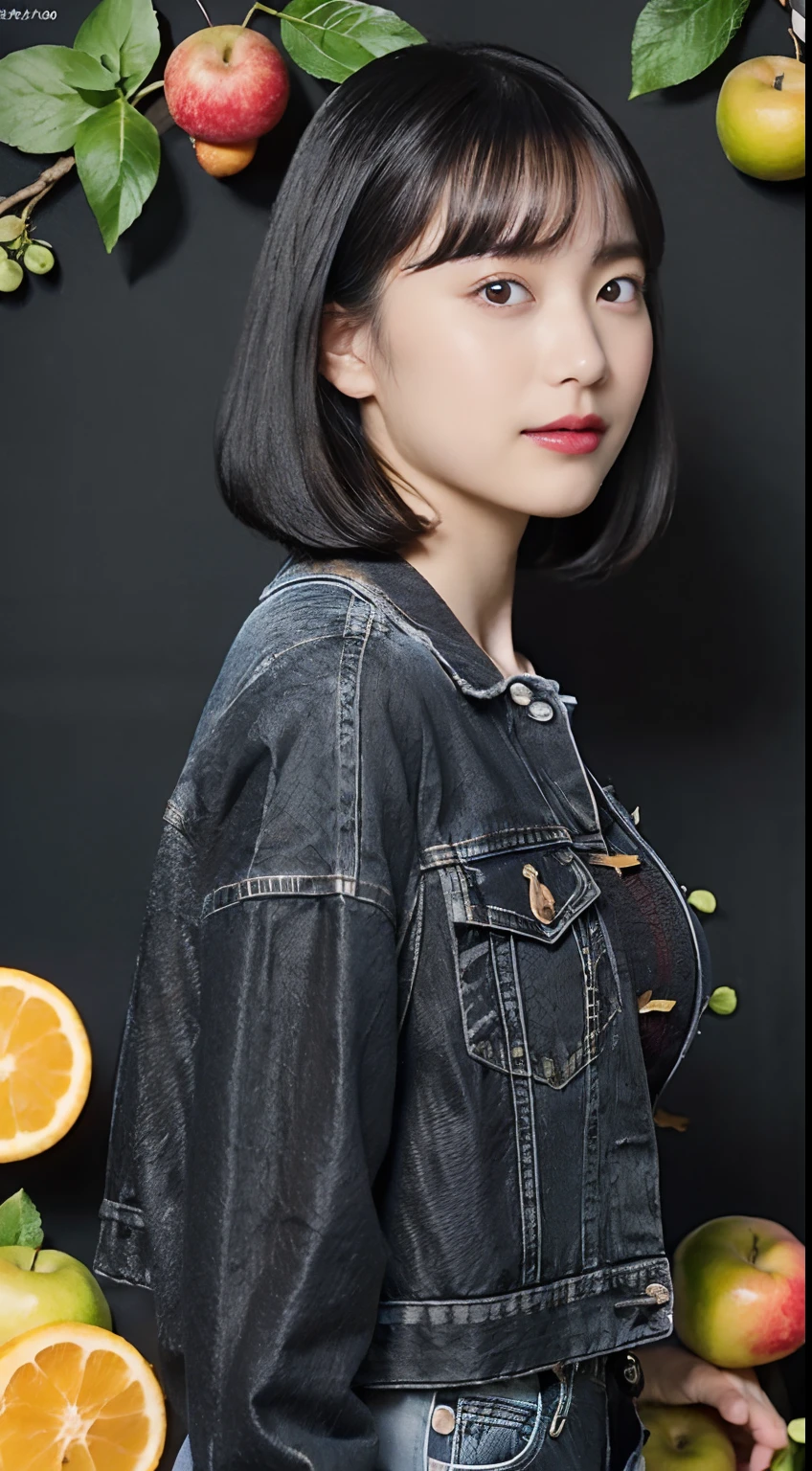 (Black Shorthair:1.3),  (a 20 yo woman), (A hyper-realistic), (Masterpiece), (8KUHD), Looking at the camera, jeans, (Clothes with fruit pattern:1.3), large full breasts, (living dining)