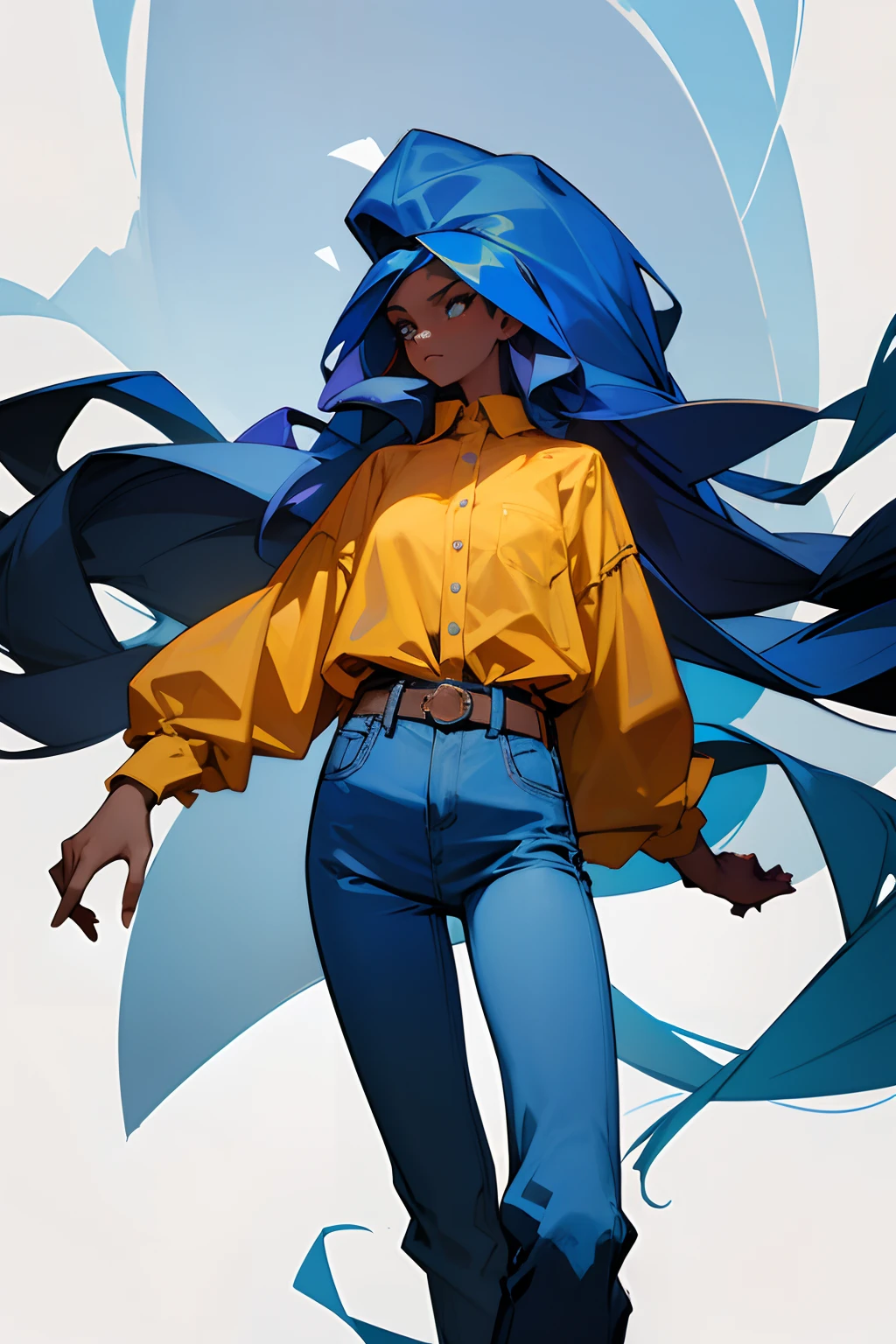 Woman with long blue hair, wearing a long sleeve shirt, flared jeans, an oversized belt, dark skin,