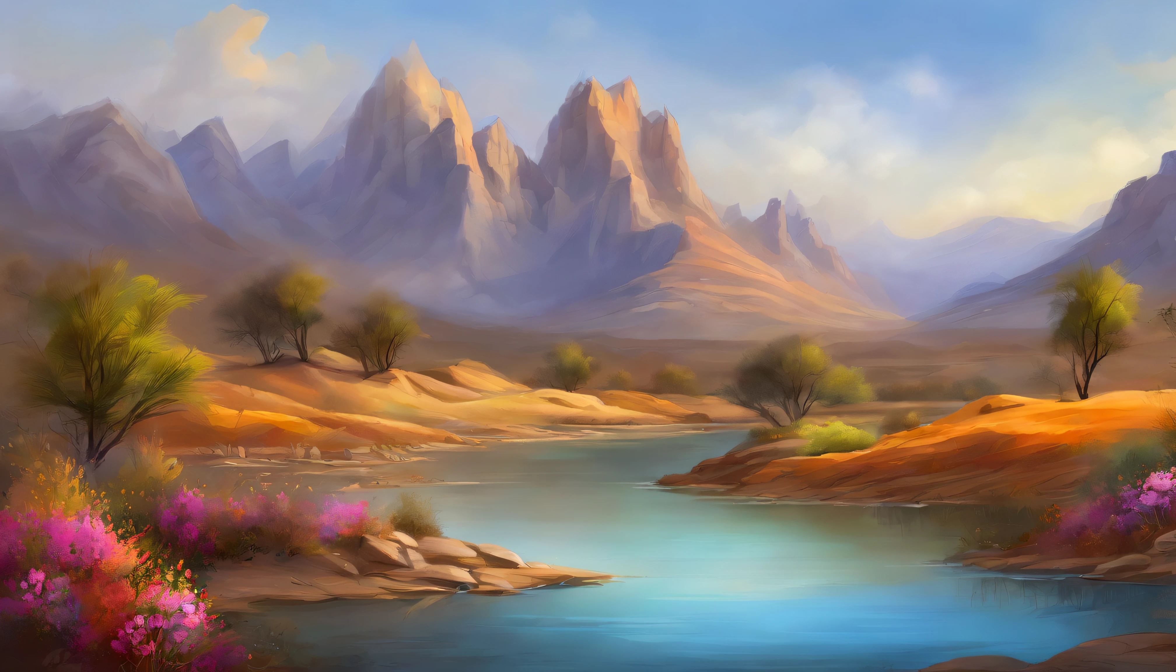 painting of Mountains and trees, pond, , flowers beside of fence, fence along the road, mountain landscape with a lake and a boat, illustration matte painting, inspired by Thomas Kinkade, symmetric matte painting, detailed scenery , style raw, 8 k ultra detailed, environment design illustration, scenery art detailed, Seaside view, concept-art, 4k highly detailed digital art, 4 k digital painting, 4k digital painting, stunning digital illustration, Desert background, digital painting concept art, Detailed digital painting