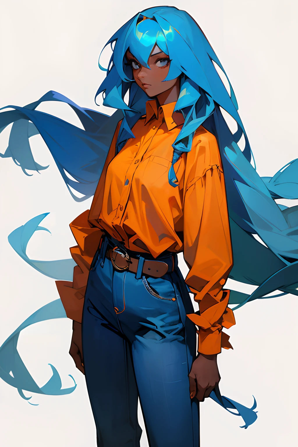 Woman with long blue hair, wearing a long sleeve shirt, flared jeans, an oversized belt, dark skin,