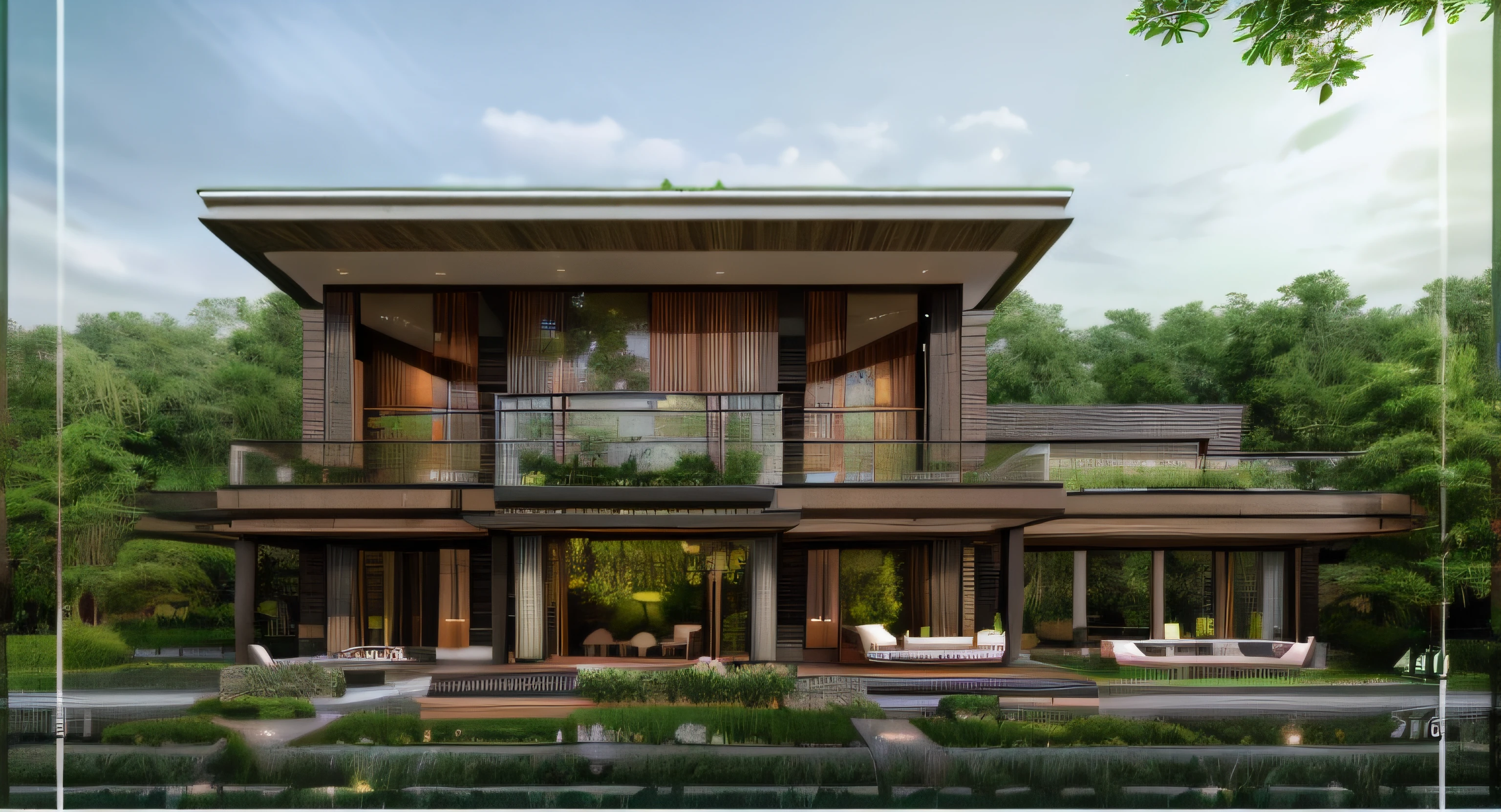 (high quality, 4k, raw photos), garden villa, first floor concrete wall, second floor wooden slats, second floor wood paneled wall, glass door, landscaped garden, green trees, beautiful sky , afternoon sunlight,