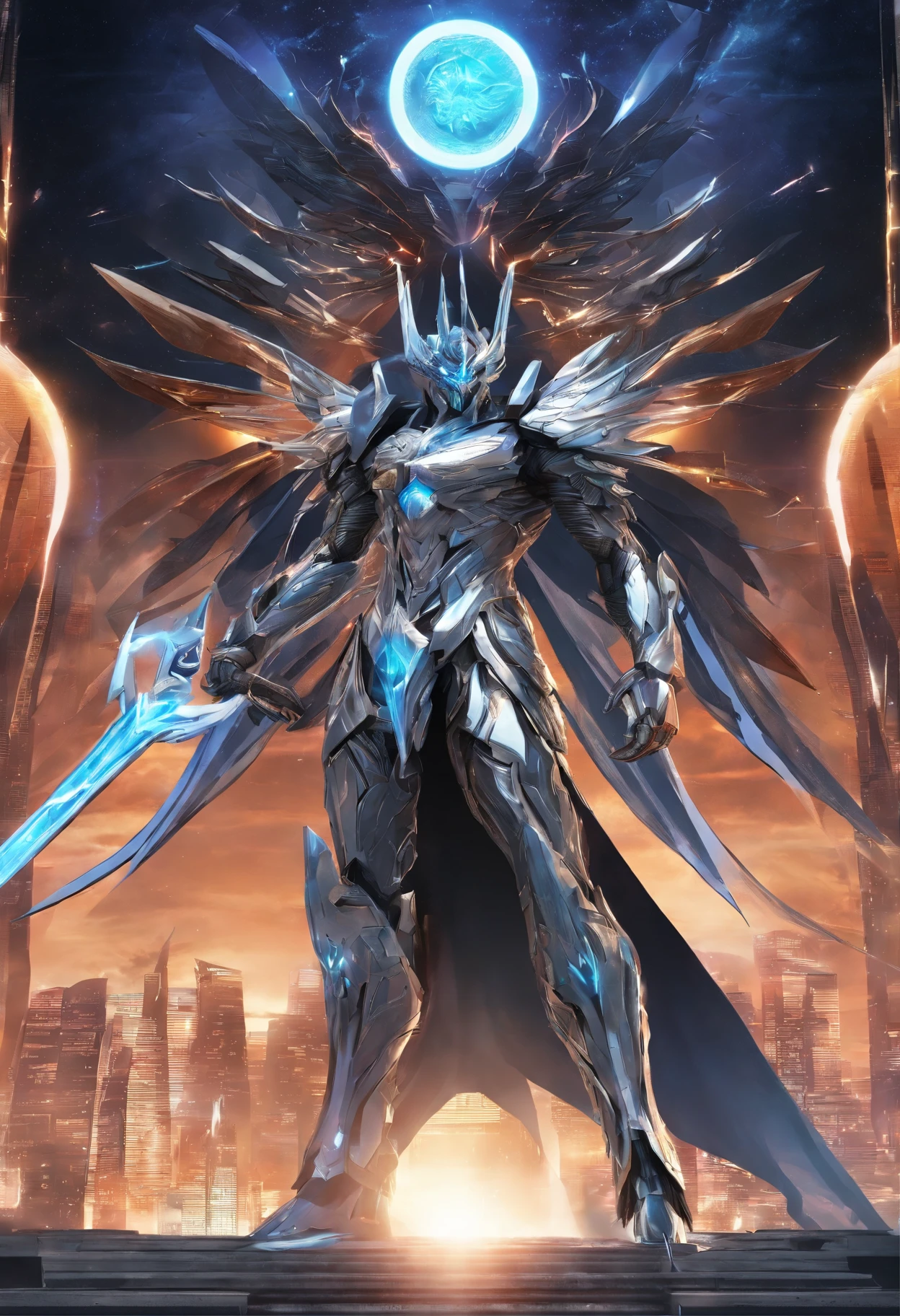 (Masterpiece, best quality), (clear focus, rich details), mighty greek god Hades dressed in black shining saint seiya version of futuristic advance battling god cloth, with wings and a beard, standing against the background of the underground world headquarter castle, (shot from the front, looking below), (The sun is high above)