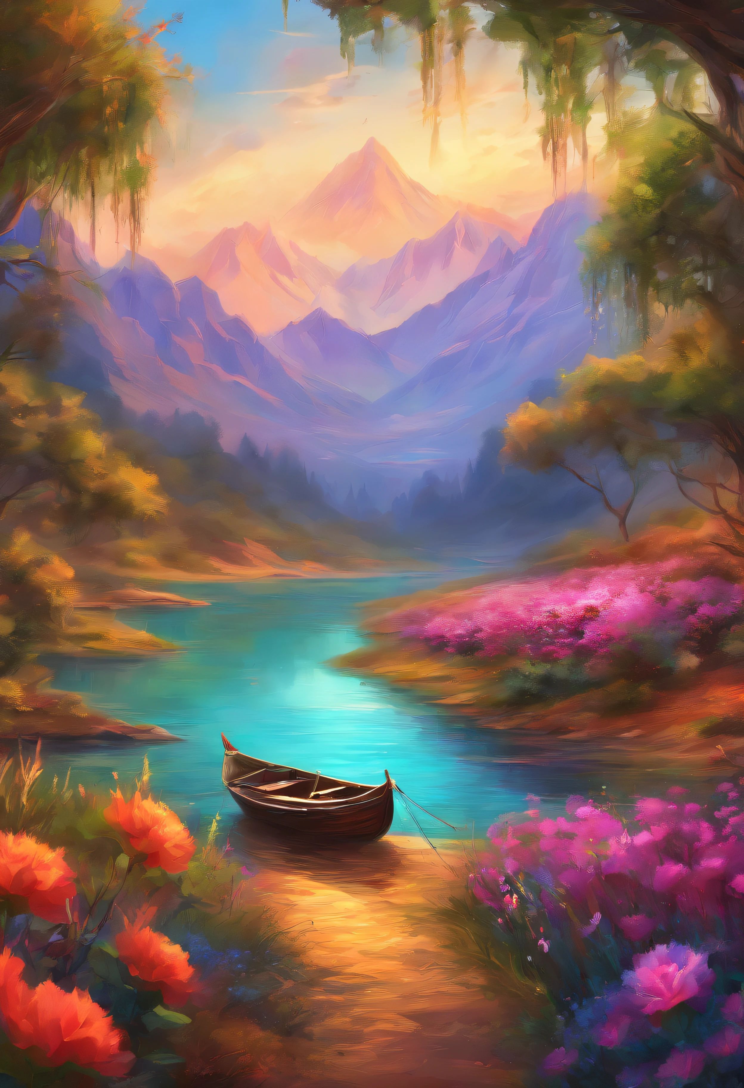 painting of Mountains and trees, pond, , flowers beside of fence, fence along the road, mountain landscape with a lake and a boat, illustration matte painting, inspired by Thomas Kinkade, symmetric matte painting, detailed scenery , style raw, 8 k ultra detailed, environment design illustration, scenery art detailed, Seaside view, concept-art, 4k highly detailed digital art, 4 k digital painting, 4k digital painting, stunning digital illustration, Desert background, digital painting concept art, Detailed digital painting