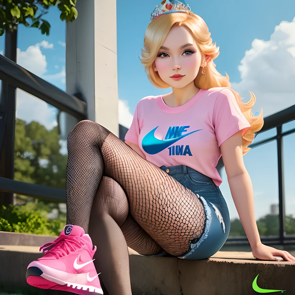 Princess Rosalina, posing, denim shorts, black fishnets pantyhose, pink Nike shoes