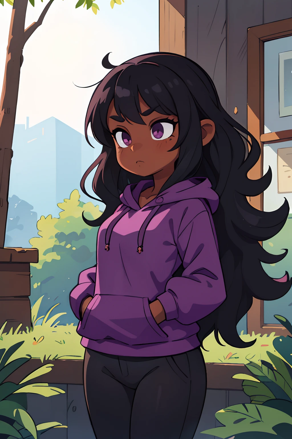 ((best quality, masterpiece)), 
Dark-skinned girl with black wavy hair wearing purple hoodie, black pants