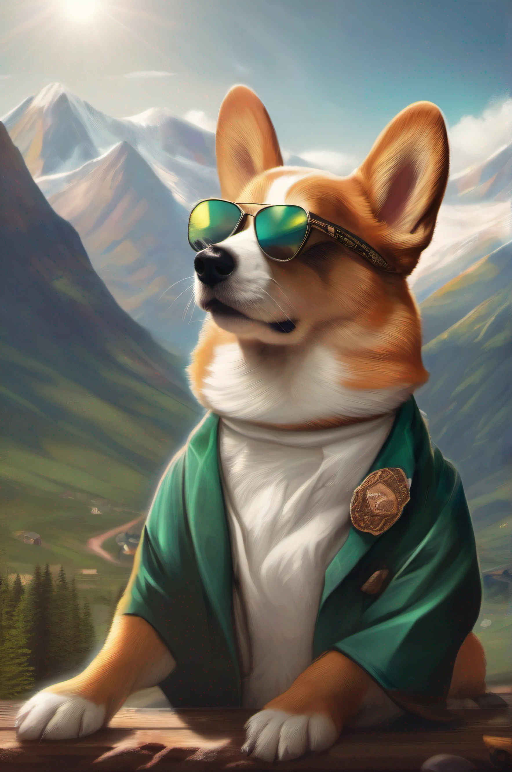 A cigar smoking corgi with sunglasses that are reflecting the mountains