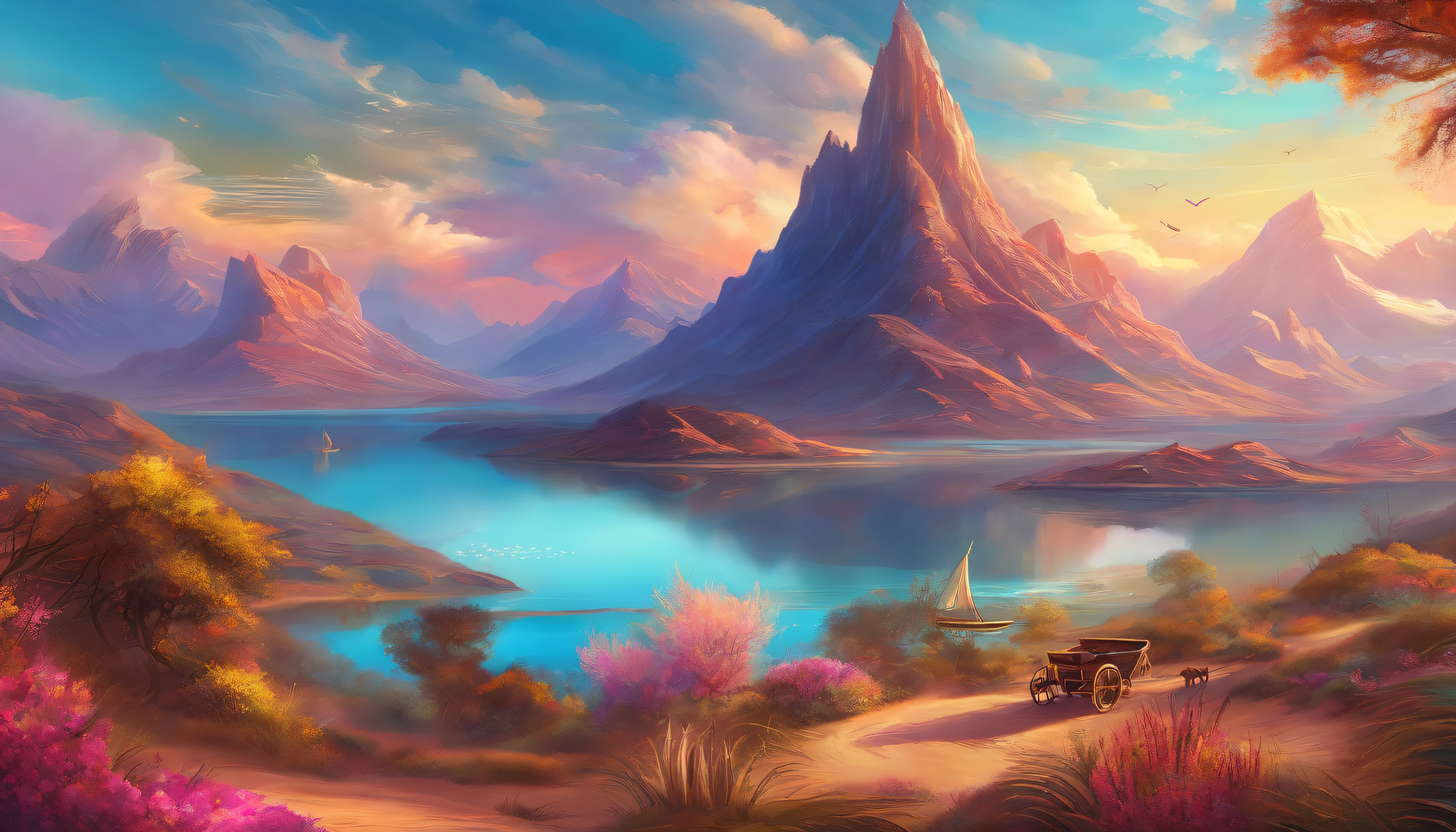 painting of Mountains and trees, pond, , flowers beside of fence, fence along the road, mountain landscape with a lake and a boat, illustration matte painting, inspired by Thomas Kinkade, symmetric matte painting, detailed scenery , style raw, 8 k ultra detailed, environment design illustration, scenery art detailed, Seaside view, concept-art, 4k highly detailed digital art, 4 k digital painting, 4k digital painting, stunning digital illustration, Desert background, digital painting concept art, Detailed digital painting