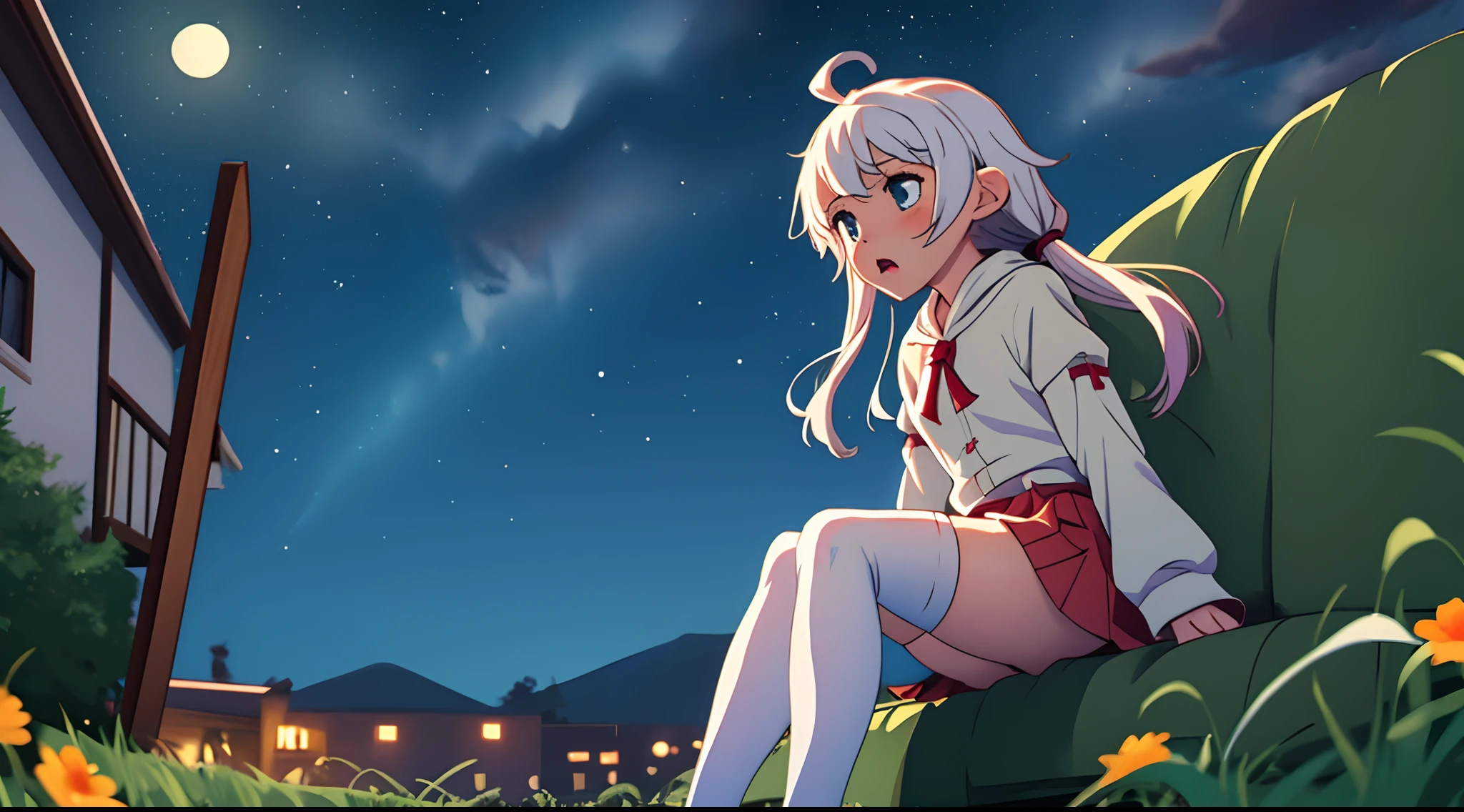 masterpiece, best quality, single kneehigh, night, loli, ahoge, white thighhighs, small_, masturbation, white kneehighs,