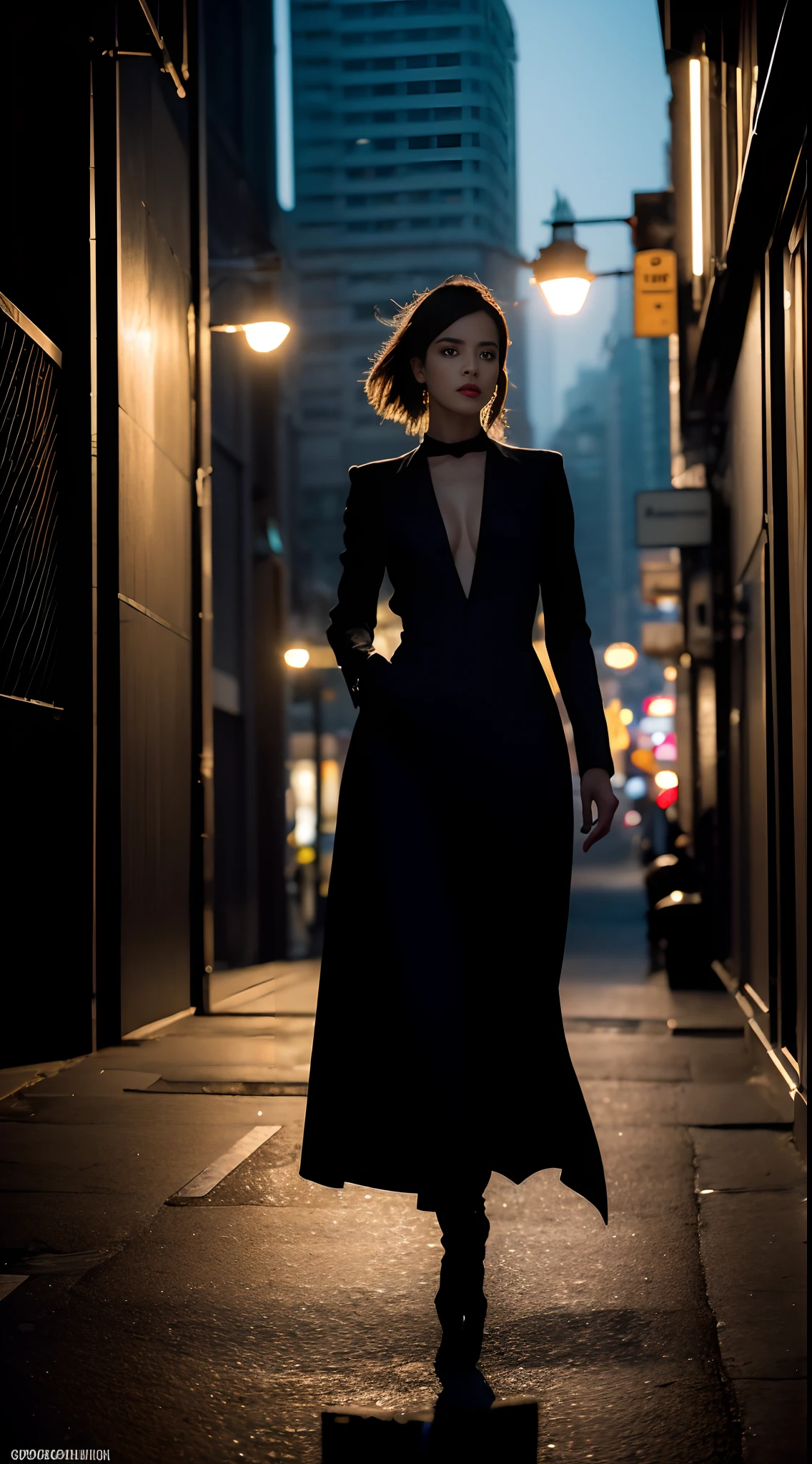 (Best quality,4K,A high resolution:1.2),Ultra-detailed,（full body shot shot），(Realistic,Photorealistic:1.37),The white-haired, extremely hyper, Slim y woman seductively walking down the street, black formal,Smooth polished hair,Confident posture,extra long leg，A pair of cool black booties，full body shot shot，cityscape in the background,Dark and mysterious atmosphere,A vibrant and energetic scene,captivatinggaze,Strong presence,Elegant and sophisticated appearance,dynamic shadowing,subtle reflections,High contrast lighting,Modern and urban environment,graceful movements,Illuminated street lights,arquitetura impressionante,Striking visual composition,Dramatic and avant-garde style,Special attention to detail,Rich depth of field,expressive facial features,Sharp silhouette,Exquisite craftsmanship,Impressive realism,Artistic and elegant expression,striking colors,Meticulous attention to shadows and highlights,Sparkling streetscape,Stylish and stylish look,Impeccable sense of fashion,Flawless makeup,Confident and seductive expression