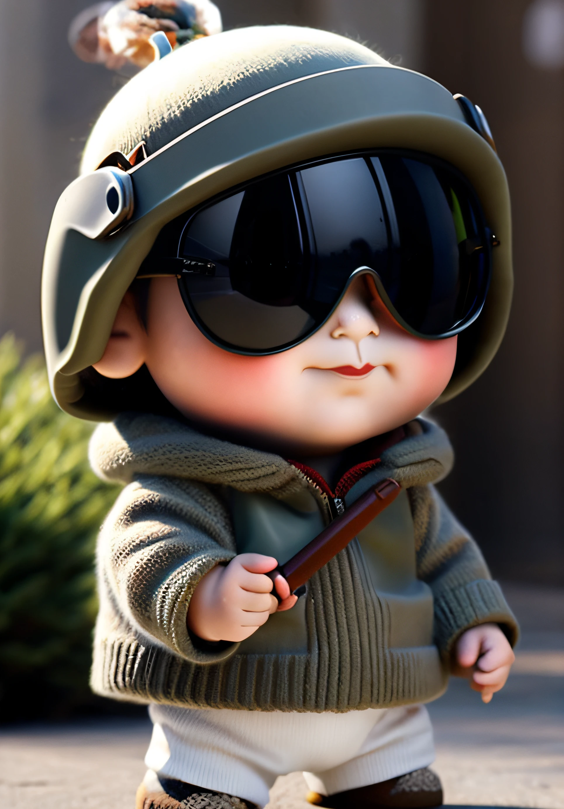 Chinese little soldier wearing sunglasses cool hand with weapon