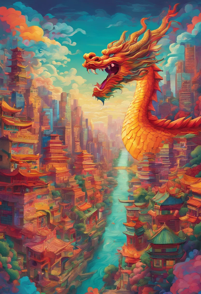 A dragon partially hidden in the clouds, Below is a modern metropolis. mediating: chinese brush painting, [Subtle ink]. Additional Detail: Skyscrapers stretch out to the sky, Intricate cityscape, Bustling streets, A bridge connecting the city, Cars and buses on the road. Image quality: (Best quality, 8K), Ultra-detailed, Realistic. Art style: Chinese traditional, Modern fusion. Color Palette: vibrant, With hints of gold and red. lighting: sunlight penetrates the clouds, Cast dynamic shadows over the city.